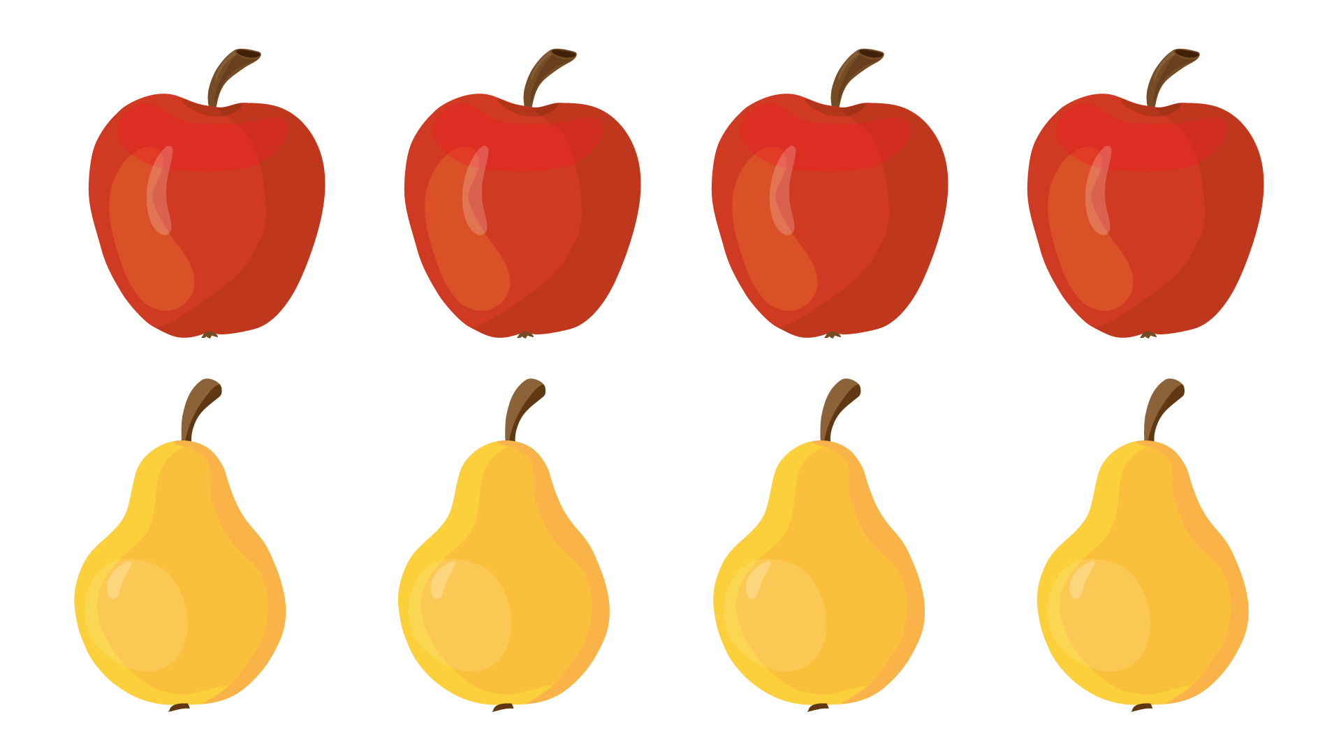 Ilustracja przedstawia dwa rzędy owoców. W pierwszym rzędzie znajdują się cztery czerwone jabłka, a w drugim cztery żółte gruszki.