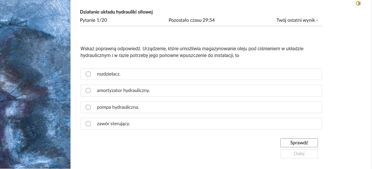 Grafika przedstawia przykładowe zadanie testowe. Ponad poleceniem widać numer pytania, czas, który pozostał na wypełnianie testu, oraz ostatni uzyskany wynik. Pod poleceniem znajdują się możliwe odpowiedzi. W prawym dolnym rogu panelu z zadaniem znajdują się dwa przyciski. Są to "Sprawdź" oraz "Dalej".