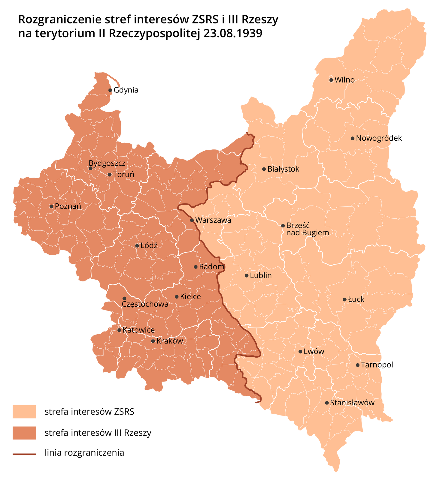 Ilustracja przedstawia mapę Drugiej Rzeczypospolitej. Zaprezentowano na niej rozgraniczenie stref interesów ZSRS i Trzeciej Rzeszy na terytorium Drugiej Rzeczypospolitej 23 sierpnia 1939 roku. Na zachodzie jest strefa interesów Trzeciej Rzeszy, a na wschodzie strefa interesów ZSRS. Pomiędzy nimi jest linia rozgraniczenia. Linia przebiega z północy na południe przez Warszawę. Strefa interesów Trzeciej Rzeszy obejmuje tereny z miastami Gdynia, Bydgoszcz, Toruń, Poznań, Łódź, Warszawa, Radom, Kielce, Częstochowa, Katowice, Kraków. Stefa interesów ZSRS obejmuje tereny z miastami Lublin, Białystok, Wilno, Nowogródek, Brześć nad Bugiem, Łuck, Lwów, Tarnopol, Stanisławów.