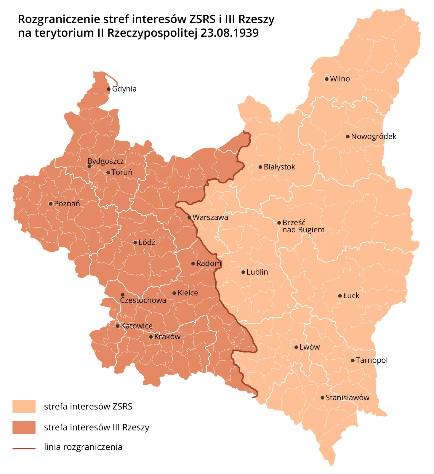 Ilustracja przedstawia mapę Drugiej Rzeczypospolitej. Zaprezentowano na niej rozgraniczenie stref interesów ZSRS i Trzeciej Rzeszy na terytorium Drugiej Rzeczypospolitej 23 sierpnia 1939 roku. Na zachodzie jest strefa interesów Trzeciej Rzeszy, a na wschodzie strefa interesów ZSRS. Pomiędzy nimi jest linia rozgraniczenia. Linia przebiega z północy na południe przez Warszawę. Strefa interesów Trzeciej Rzeszy obejmuje tereny z miastami Gdynia, Bydgoszcz, Toruń, Poznań, Łódź, Warszawa, Radom, Kielce, Częstochowa, Katowice, Kraków. Stefa interesów ZSRS obejmuje tereny z miastami Lublin, Białystok, Wilno, Nowogródek, Brześć nad Bugiem, Łuck, Lwów, Tarnopol, Stanisławów.