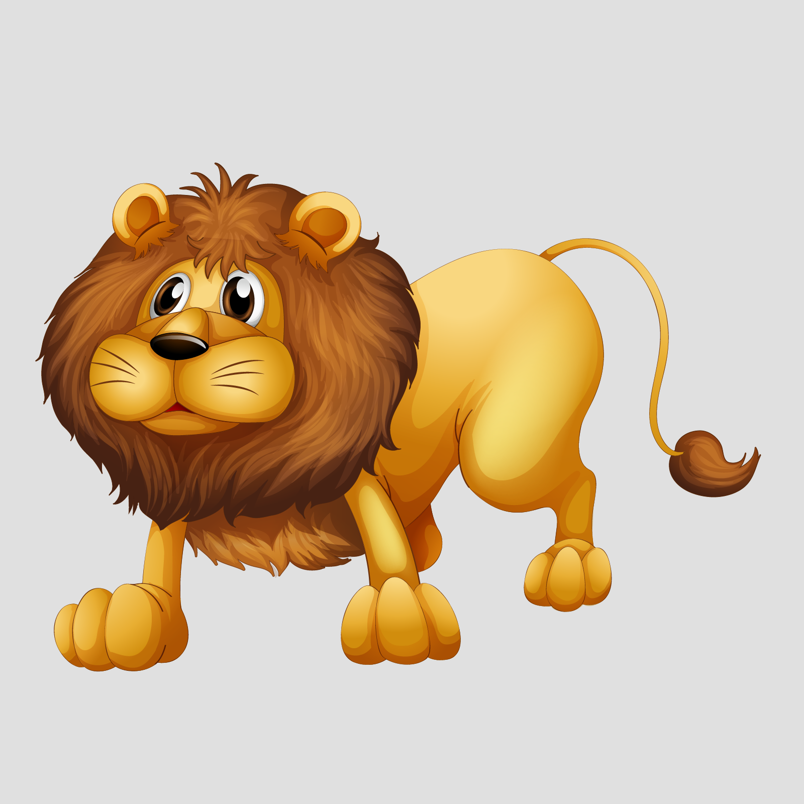 Ilustracja przedstawia lwa z dużą, bujną grzywą, okalającą jego głowę. Ponad grzywę wystają niewielkie uszy. Na końcu cienkiego ogona znajduje się kłębek sierści.