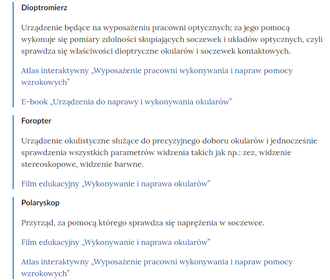 Zrzut ekranu przedstawia kilka pojęć ze Słownika. Konstrukcja jest następująca: pojęcie, poniżej jego wyjaśnienie, a pod nim znajduje się link, po którego kliknięciu użytkownik przenosi się do rozdziału w tym materiale, w którym dane pojęcie jest wykorzystywane. Linków może być jeden lub kilka, w zależności od tego, w ilu rozdziałach użyto pojęcia.