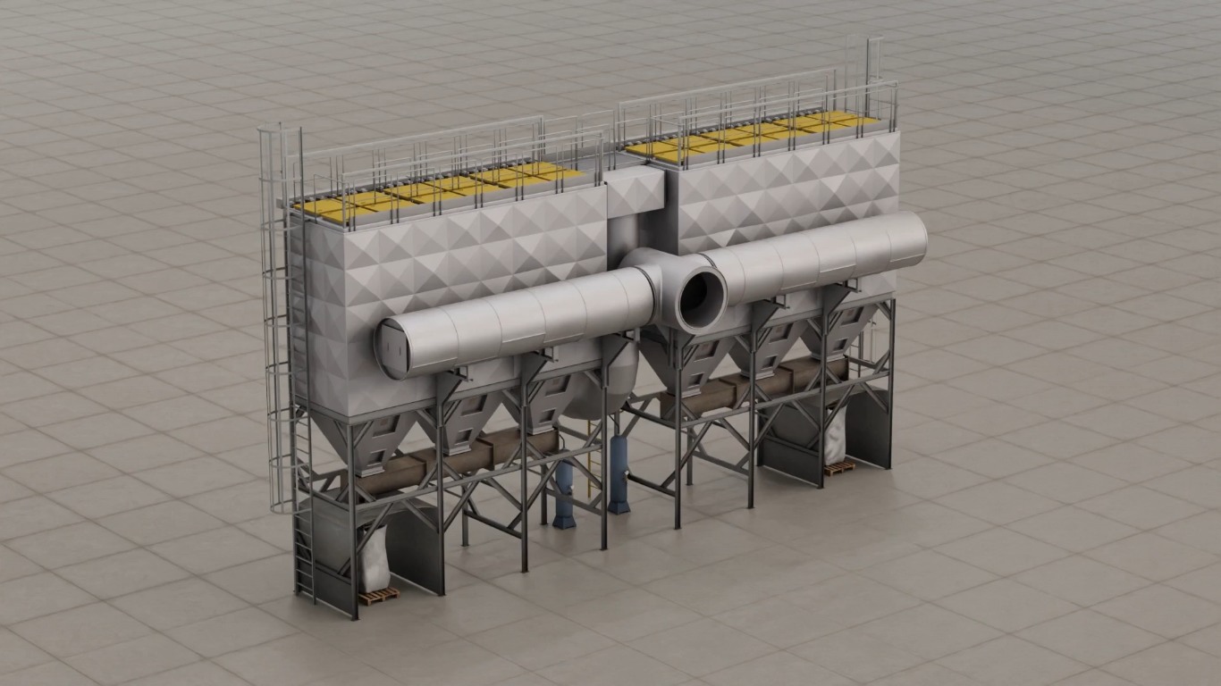 Ilustracja przedstawia sześć filtrów workowych. Mają one kształt prostopadłościanu zakończonego od dołu stożkiem. Są umieszczone jeden obok drugiego na stalowych stelażach. Na ich górę prowadzi metalowa drabina.