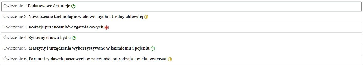 Grafika przedstawia widok ogólny harmonii z interaktywnymi materiałami sprawdzającymi. Widocznych jest sześć ćwiczeń z tytułami i poziomem trudności, ustawionych w harmonii.