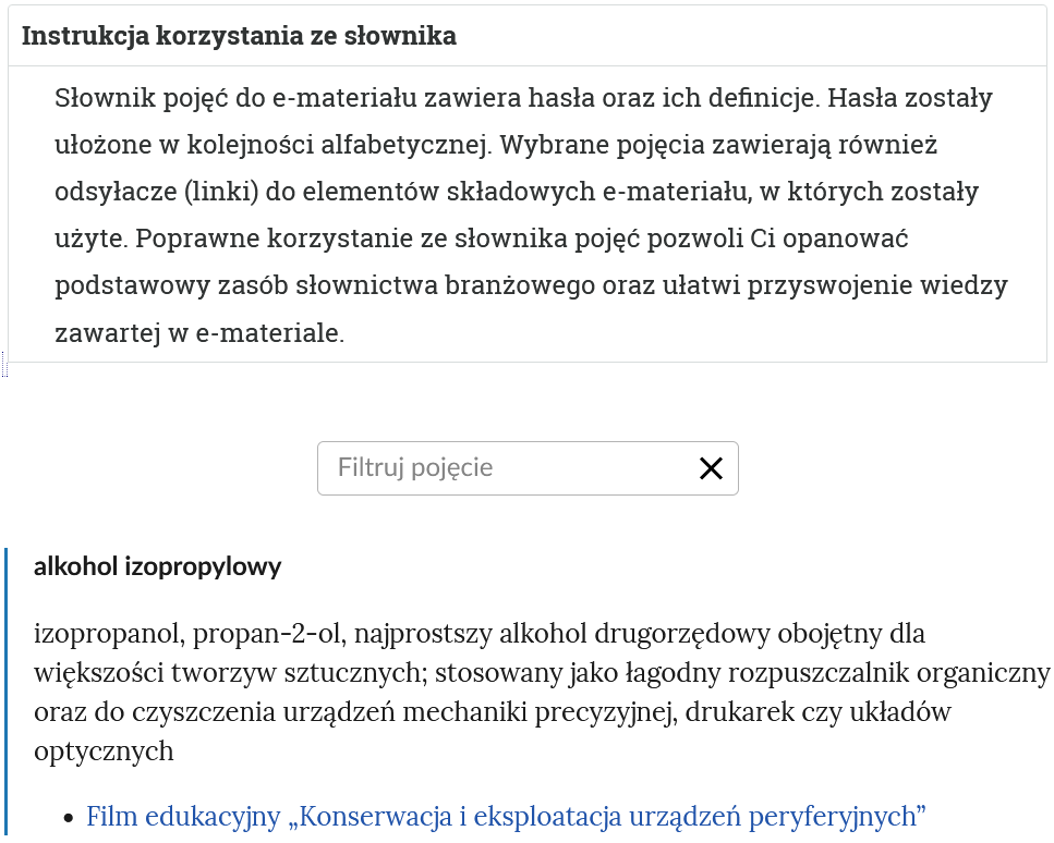 Grafika przedstawia przykładowy widok otwartej zakładki instrukcji korzystania ze słownika. Pod nazwą zakładki znajduje się prostokątny panel filtruj pojęcie i znak iks. Niżej widoczne jest hasło wraz z definicją.