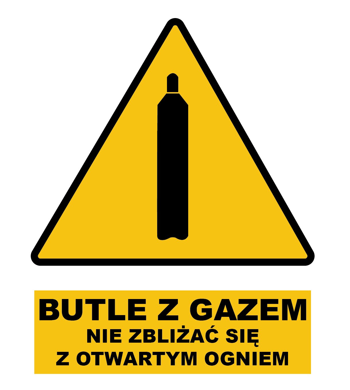 Widoczny jest znak ostrzegawczy w kształcie żółtego trójkąta z wierzchołkiem skierowanym ku górze. Wewnątrz widoczna jest grafika przedstawiająca czarną butlę gazową . Poniżej na  prostokątnym panelu pola tekstowego napis: Butle z gazem nie zbliżać się z otwartym ogniem. 