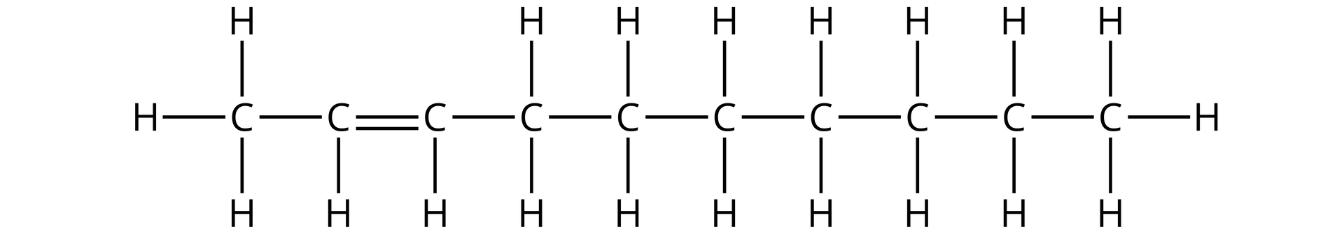 Wzór grupowy dek-2-enu to H3C wiązanie grupa CH wiązanie podwójne grupa CH wiązanie grupa CH2 wiązanie grupa CH2 wiązanie grupa CH2 wiązanie grupa CH2 wiązanie grupa CH3.