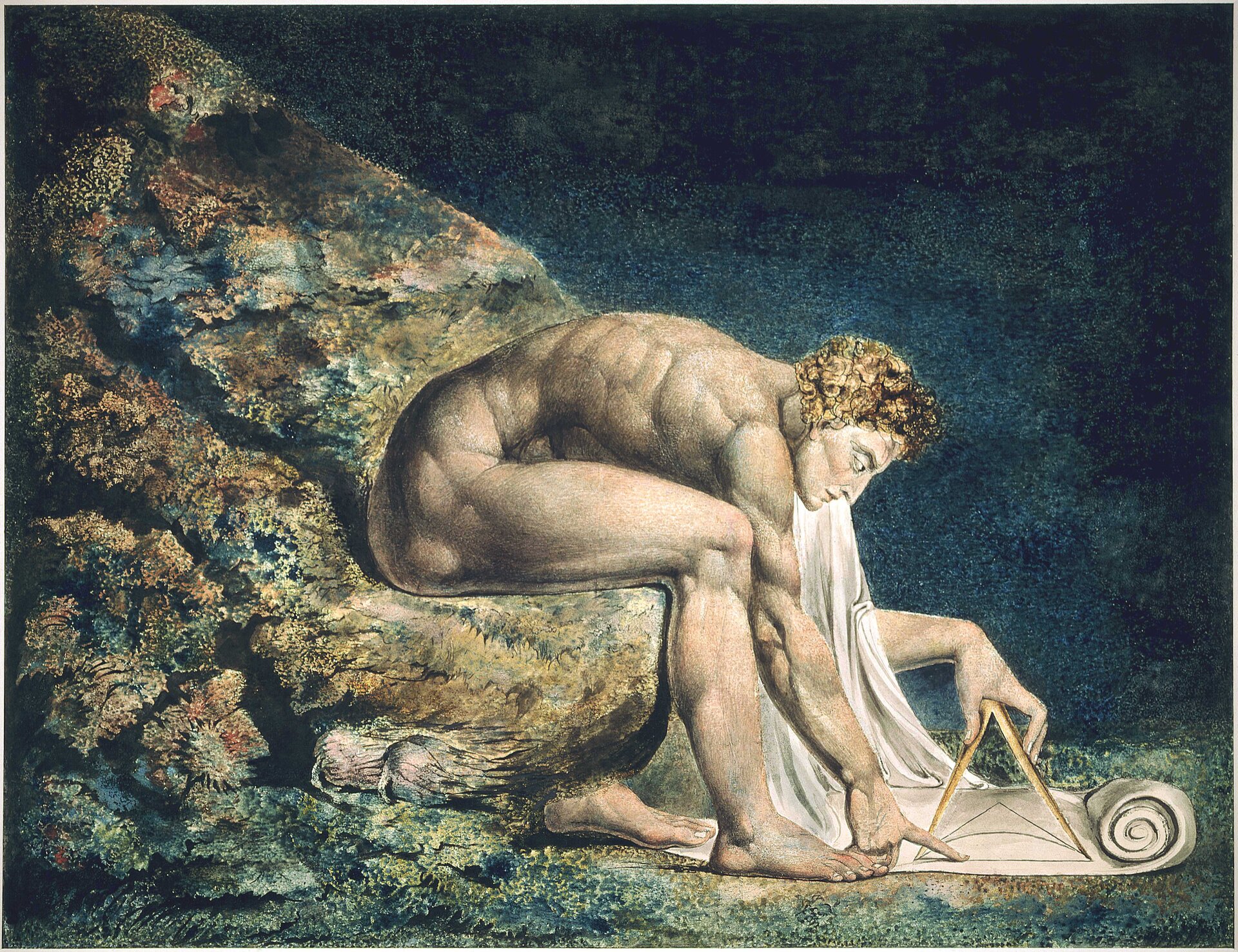 Ilustracja interaktywna o kształcie poziomego prostokąta przedstawia obraz Williama Blake’a „Newton”. Przedstawia ujętego z profilu, nagiego, umięśnionego mężczyznę, który siedzi na zboczu pokrytym glonami. Newton pochyla się nad zwojem   papieru i kreśli na nim cyrklem. Tło stanowi granatowa głębia morza. 