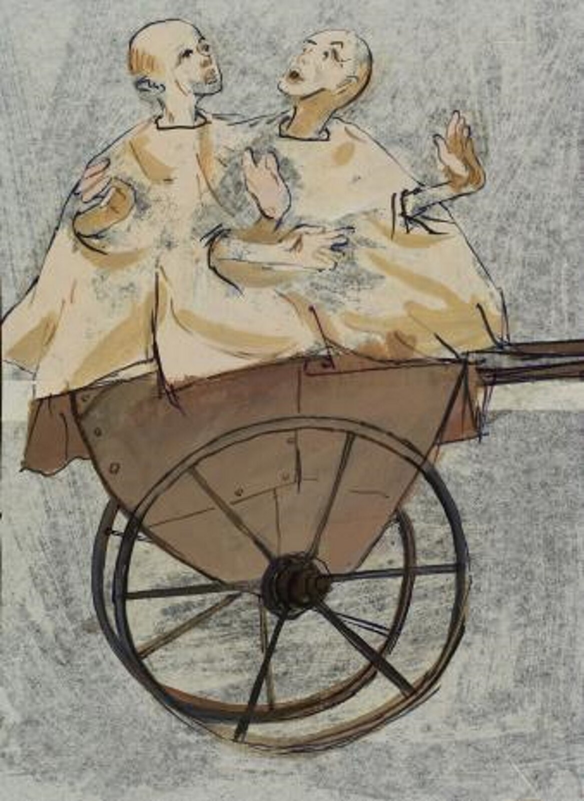 Ilustracja przedstawia obraz pt „Dzieci w wózku na śmieci” z cyklu: „Ludzie atrapy” autorstwa Tadeusza Kantora. Obraz ukazuje dwóch mężczyzn w jasnych szatach, które siedzą na wózku na dwóch kółkach.