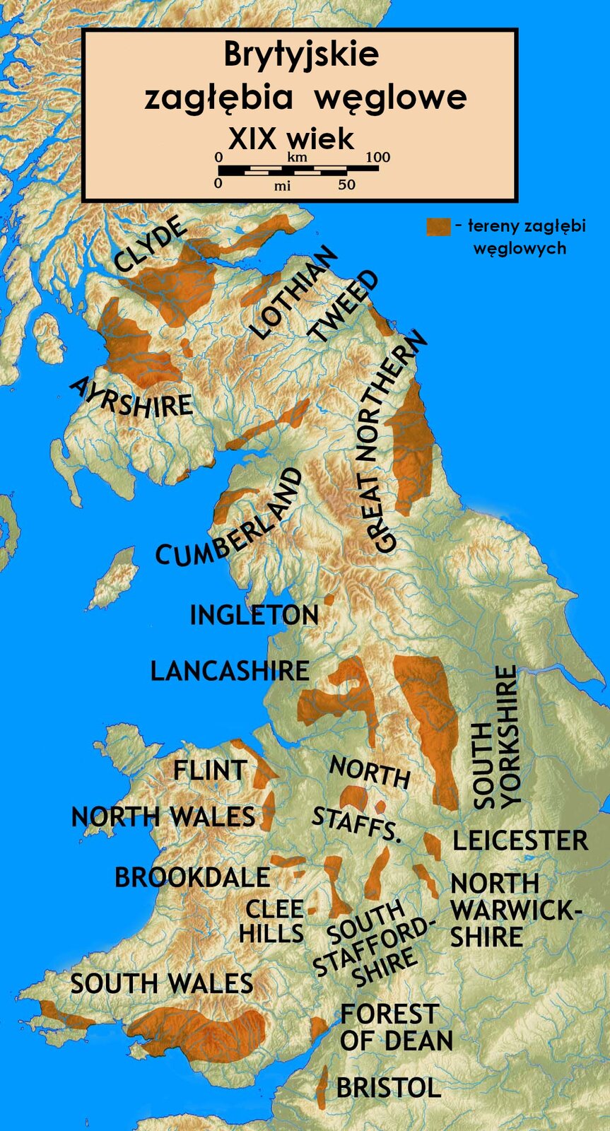 Ilustracja przedstawia mapę Wielkiej Brytanii na początku XIX wieku. Zagłębia węglowe znajdują się we wschodniej, centralnej i północnej części Wysp Brytyjskich. 