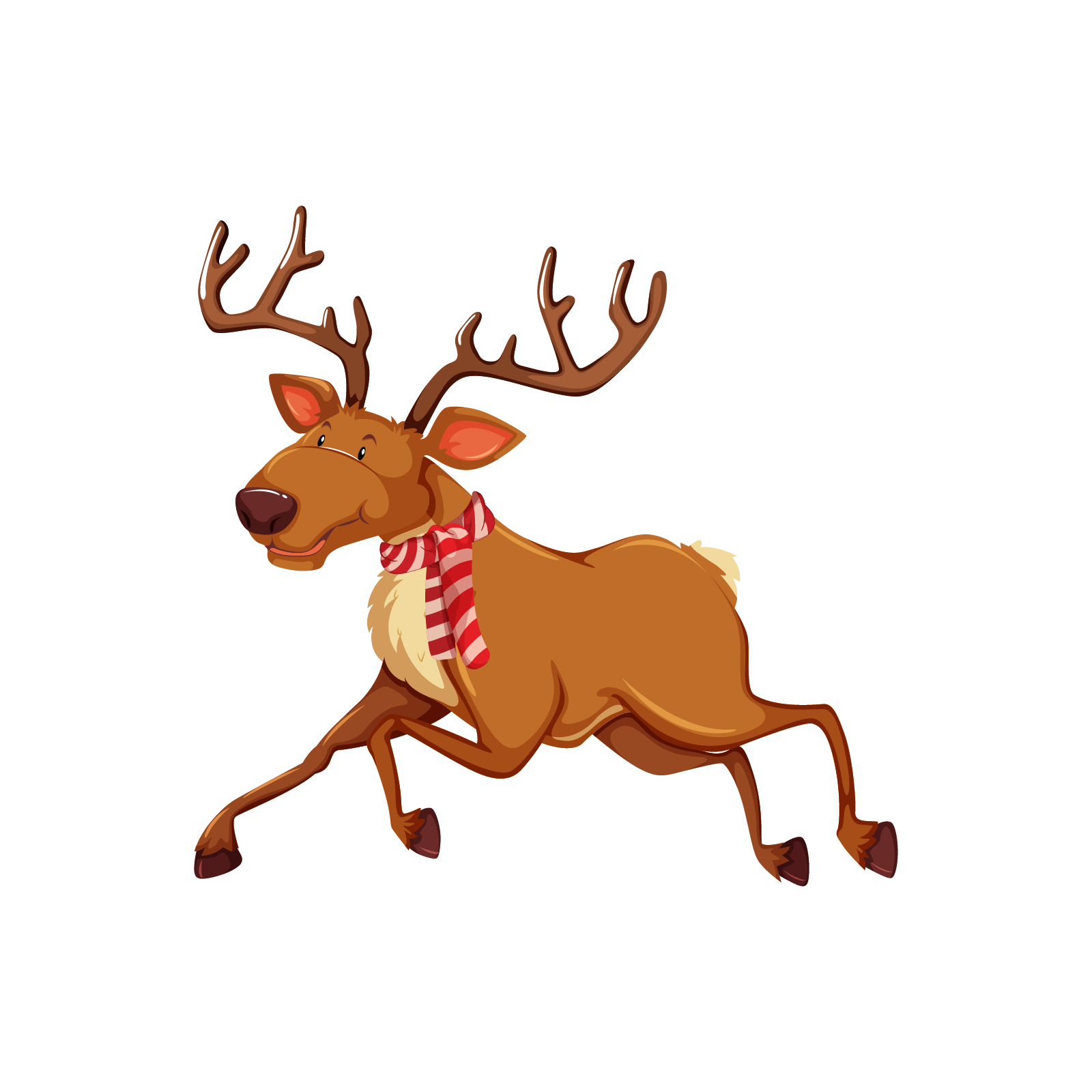 Ilustracja przedstawia biegnącego renifera z wielkim porożem. Renifer ma na szyi przewiązany szalik w biało‑czerwone pasy.