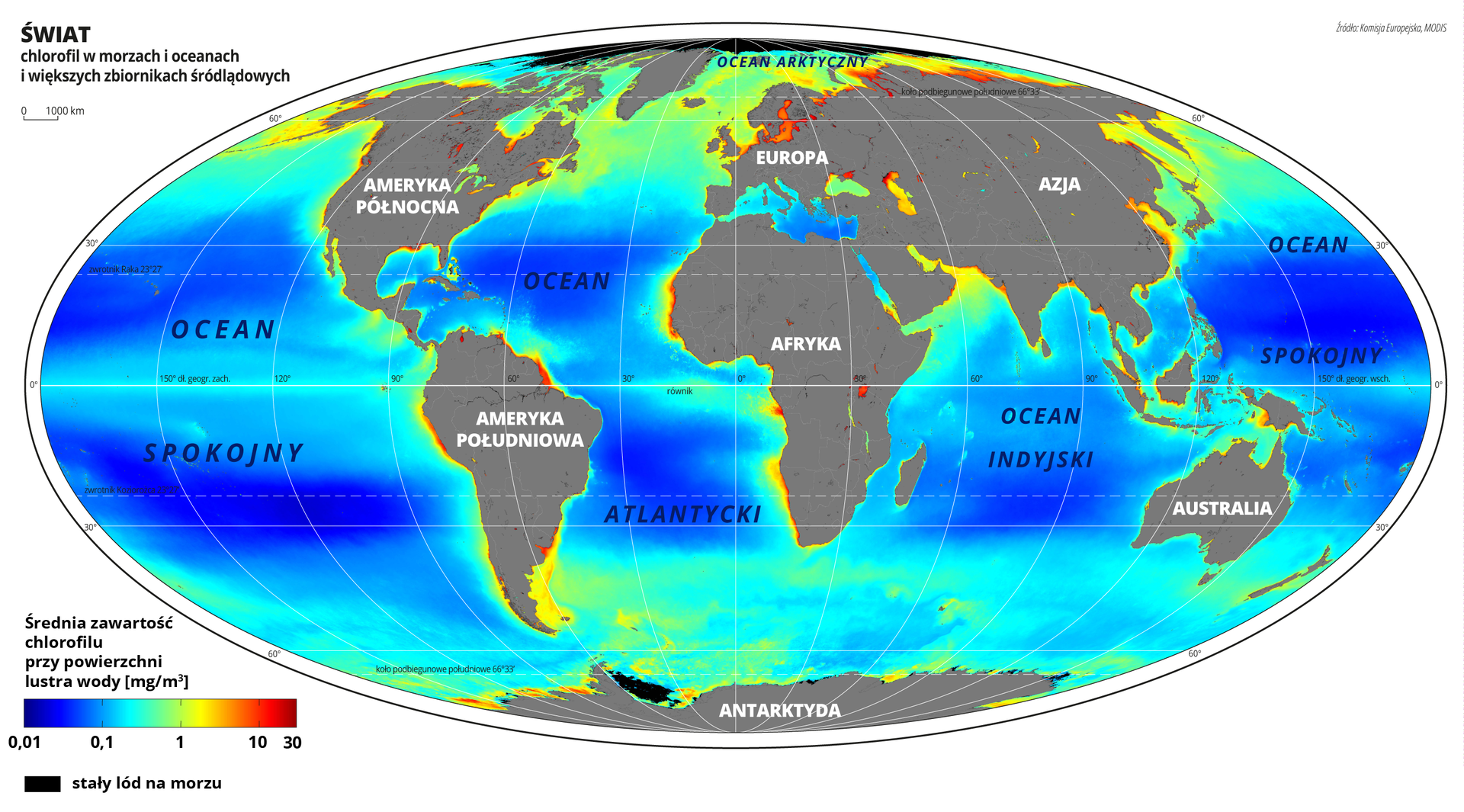 Ilustracja przedstawia mapę świata z nazwami kontynentów i oceanów. Na mapie za pomocą kolorów przedstawiono średnią zawartość chlorofilu w morzach, oceanach i większych zbiornikach śródlądowych. Mapa pokryta jest równoleżnikami i południkami, które opisano dookoła mapy w białej ramce co trzydzieści stopni. Na dole mapy po lewej stronie umieszczono poziomy cieniowany pasek z objaśnieniem wartości chlorofilu przy powierzchni lustra wody przypisanych do danych barw na mapie. Dane wyrażono w miligramach na metr sześcienny. Z lewej strony kolor ciemnoniebieski przechodzi w jasnoniebieski, następnie przez zielony do żółtego i przez pomarańczowy do ciemnoczerwonego. Najniższą zawartość chlorofilu przy powierzchni lustra wody obrazuje kolor ciemnoniebieski – wynosi ona poniżej 0,01 miligramów na metr sześcienny. Kolorem jasnoniebieskim przedstawione wartości wynoszące około jednej dziesiątej miligrama na metr sześcienny. Kolor zielony obrazuje wartości około jednego miligrama na metr sześcienny, kolor żółty – około trzech, kolor pomarańczowy – pięć, a kolor czerwony dziesięć miligramów na metr sześcienny. Kolorem czerwonym oznaczono wartości wynoszące do trzydziestu miligramów na metr sześcienny. Oceany są koloru ciemnoniebieskiego i niebieskiego, bliżej lądów kolor przechodzi w zielony, a większość wybrzeży jest koloru żółtego. Kolor ciemnoniebieski występuje na obszarach najbardziej oddalonych od lądów, mniej więcej do szerokości geograficznej wynoszącej trzydzieści stopni na obu półkulach. Na większych wartościach szerokości geograficznych dominuje kolor jasnoniebieski i jasnozielony. W pobliżu ujść wielkich rzek do mórz i oceanów kolor jest czerwony, dominuje tuż przy linii brzegowej większości kontynentów, a także między innymi Jeziora Wiktorii, Morza Czarnego i Morza Kaspijskiego. Niemal cała powierzchnia Morza Bałtyckiego ma czerwoną barwę.