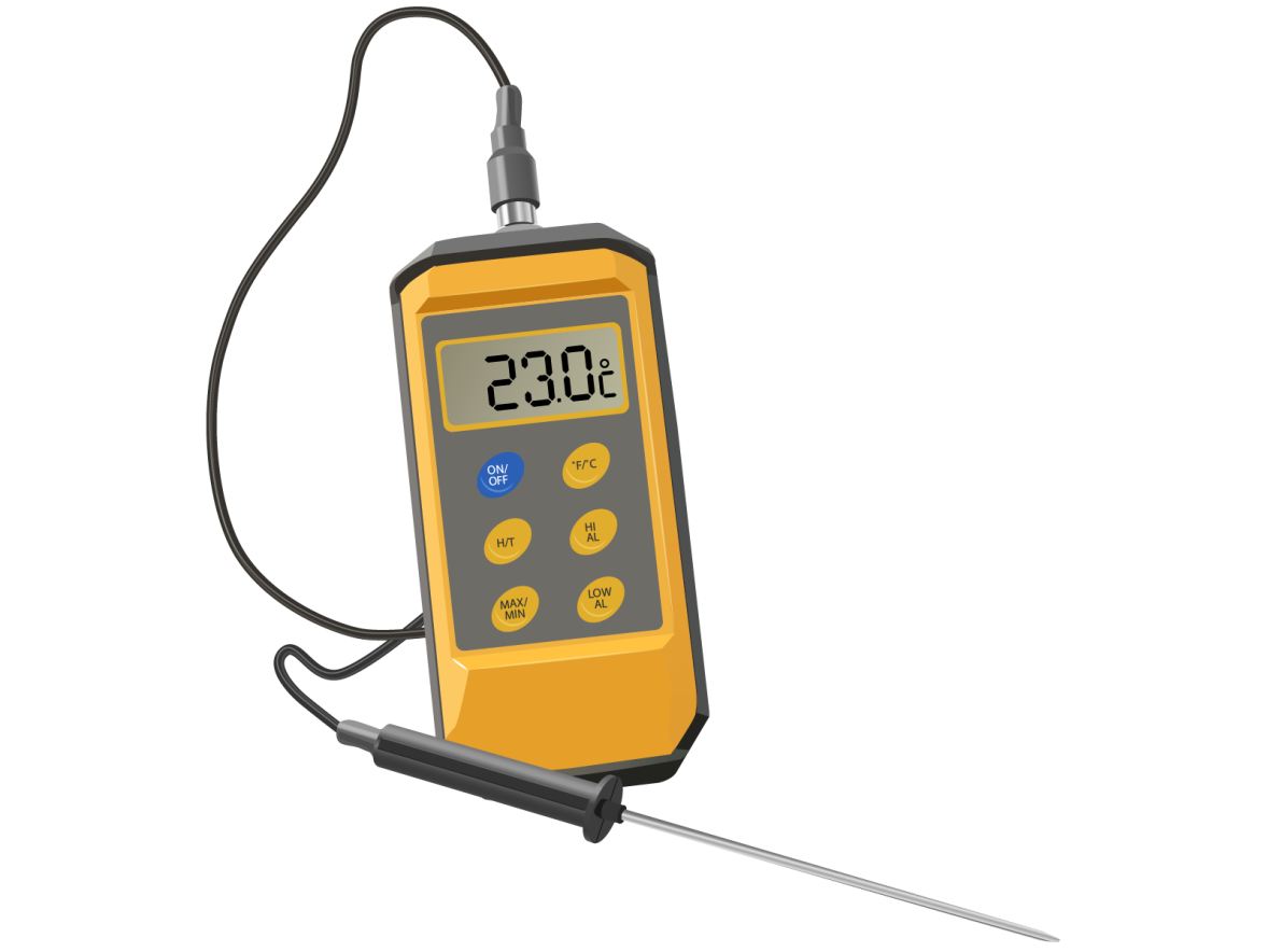 Grafika przedstawia poglądowo termometr do żywności z sondą. W centralnej części żółto‑szare urządzenie o prostokątnym kształcie. Na wyświetlaczu jest 230 stopni Celsjusza. Poniżej wyświetlacza sześć przycisków: pierwszy od lewej niebieski, pozostałe żółte. Z urządzeniem połączona jest czarnym kablem podłużna przypominająca igłę sonda.