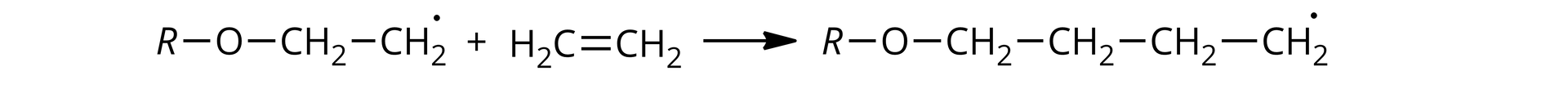 Ilustracja przedstawia równanie reakcji etapu propagacji: R wiązanie pojedyncze O wiązanie pojedyncze &lt;math aria‑label="ce ha indeks dolny dwa, koniec indeksu"&gt;CH2 wiązanie pojedyncze &lt;math aria‑label="ce ha indeks dolny dwa, koniec indeksu"&gt;CH2 dodać cząsteczka o wzorze: &lt;math aria‑label="ha indeks dolny dwa, koniec indeksu ce"&gt;H2C wiązanie podwójne &lt;math aria‑label="ce ha indeks dolny dwa, koniec indeksu"&gt;CH2, strzałka w prawo, R wiązanie pojedyncze O wiązanie pojedyncze: tu szereg czterech grup &lt;math aria‑label="ce ha indeks dolny dwa, koniec indeksu"&gt;CH2 połączonych ze sobą wiązaniem pojedynczym. Węgiel w ostatniej grupie posiada niesparowany elektron.  