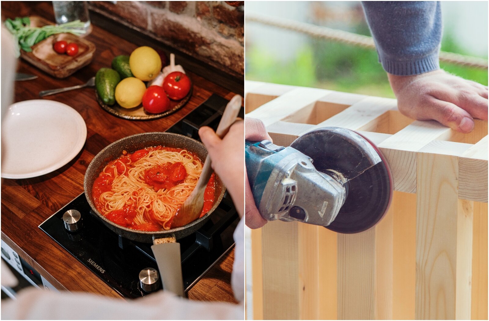 Ilustracja zestawia dwa zdjęcia. Po lewej stronie widzimy ręce kucharza, który miesza sos pomidorowy i makaron na patelni. Po prawej stronie widzimy męskie dłonie, trzymające okrągłą szlifierkę przy drewnianej i właśnie szlifowanej konstrukcji.