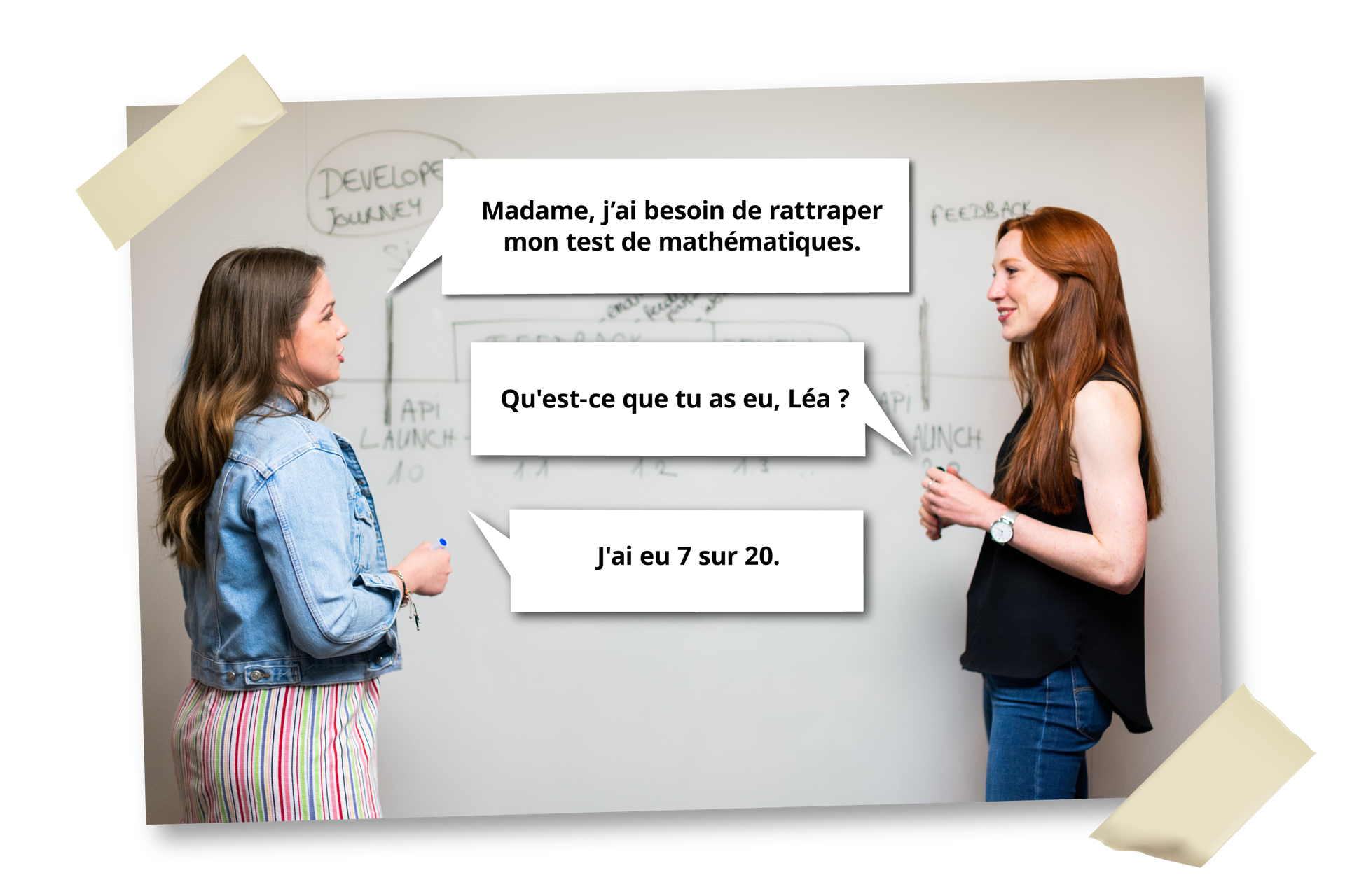 Grafika przedstawia kobietę z nastolatką rozmawiające przy tablicy.Nastolatka: Madame, j'ai besoin de rattraper mon test de mathématiques. Kobieta: Qu'est‑ce que tu as eu, Léa ?  Nastolatka: J'ai eu 7 sur 20.