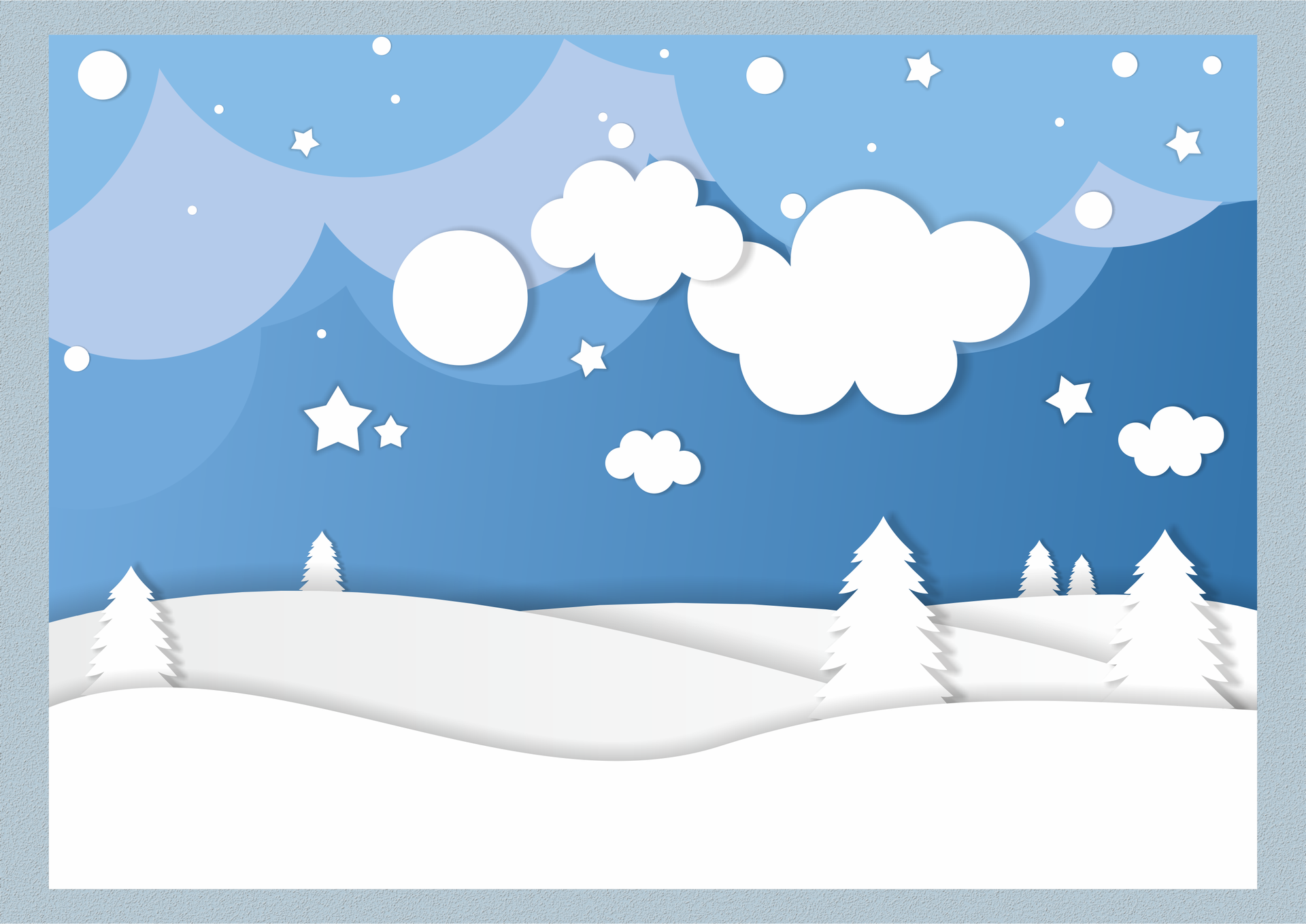 Ilustracja przedstawia grafikę wektorową reprezentującą zimową krainę. Widoczne są u dołu wzgórza pokryte śniegiem, białe drzewka iglaste, nad nimi widoczne są chmury złożone z białych kół. W tle widoczne niebieskie niebo, chmury na nim reprezentowane są różnymi odcieniami niebieskiego, wszystkie złożone z kół połączonych ze sobą.