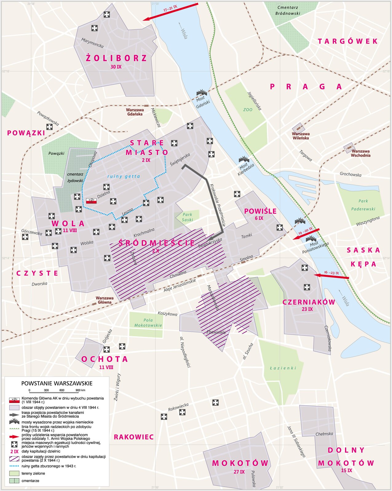 Mapa centralnej Warszawy przedstawia przebieg powstania warszawskiego.  Komenda Główna AK w dniu wybuchu powstania, które nastąpiło 1 sierpnia 1944 roku, znajdowała się w ruinach getta w północnej części dzielnicy Wola. Same ruiny obejmowały część Starego Miasta i Woli.  1 sierpnia 1944 roku powstańcy kontrolowali Wolę, Stare Miasto, Śródmieście i Powiśle. Dzielnice przez nich kontrolowane, które nie miały lądowego połączenia z centrum to Czerniaków, Dolny Mokotów, Mokotów, część Ochoty i Żoliborz. Podczas powstania Niemcy wysadzili mosty na Wiśle, był to most Gdański, Kierbedzia, Poniatowskiego i jeden most kolejowy.  Po zdobyciu warszawskiej dzielnicy Praga 15 września 1944 roku, wojska radzieckie zatrzymały się na linii Wisły. Oddziały pierwszej Armii Wojska Polskiego podjęły trzy próby udzielenia wsparcia powstańcom przez Wisłę. Do dzielnicy Żoliborz od 17 do 21 września, na Powiśle 19 i 20 września oraz do Czerniakowa od 16 do 23 września.  Powstańcy przeszli kanałami wzdłuż Krakowskiego Przedmieścia ze Starego Miasta do Śródmieścia.  W całej Warszawie dochodziło do masowych egzekucji ludności cywilnej, jeńców wojennych i rannych przez wojska niemieckie. 11 sierpnia skapitulowała Wola oraz Ochota, 2 września Stare Miasto, 6 września Powiśle, 15 września Dolny Mokotów, 23 września Czerniaków, 27 września Mokotów, 30 września Żoliborz i 2 października Śródmieście. 2 października 1944 roku, w dniu kapitulacji powstania, powstańcy kontrolowali jedynie południowe fragmenty dzielnicy Śródmieście. 