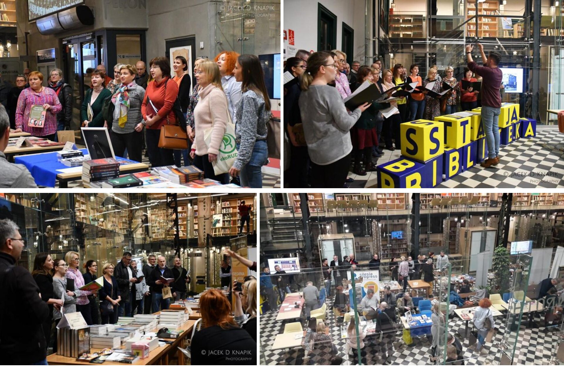 Zdjęcie pod tytułem: „Flashmob na Kakauszale w Rudzie Chebziu”, kolaż składa się z czterech fotografii. Na pierwszym zdjęciu, po lewej stronie ukazane są postacie, które stoją przed stołem z wieloma książkami. Poniżej ukazani są ludzie trzymający książki, przed którymi znajduje się stół z książkami. Przy stole siedzą dwie kobiety oraz mężczyzna. Po prawej stronie znajdują się ludzie trzymający śpiewniki. Obok nich stoi niebiesko‑żółty napis „Stacja Biblioteka”. Naprzeciwko nich stoi dyrygent, który trzyma uniesione w górze ręce. Poniżej na ostatnim zdjęciu znajduje się pomieszczenie  , w którym ukazani są mężczyźni oraz kobiety. Pomiędzy nimi znajdują się stoły oraz krzesła. Na stołach ukazane są liczne książki. Sceny ze zdjęć to najprawdopodobniej spotkania wydawnicze lub autorskie. 