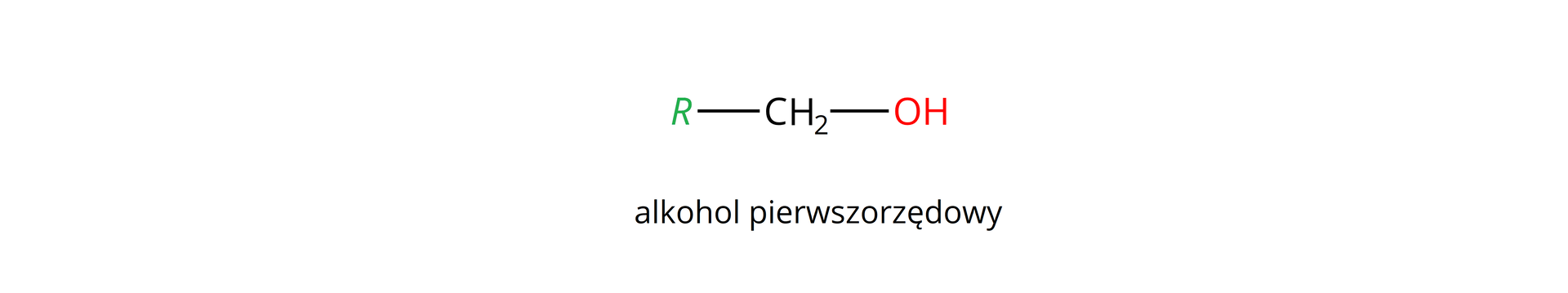 Ilustracja przedstawia wzór alkoholu pierwszorzędowego: do atomu węgla przyłączone są dwa atomy wodoru, grupa R, zaznaczona na zielono, i grupa OH, zaznaczona na czerwono.