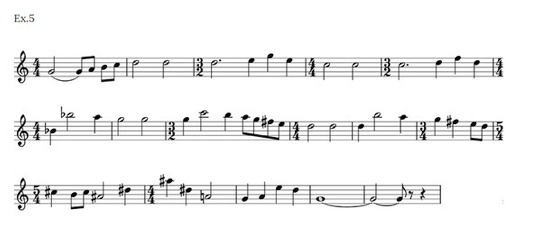 Ilustracja przedstawia zapis nutowy na pięciolinii utworu „Symfonia Leningradzka”, część 1., temat 2 – druga faza.