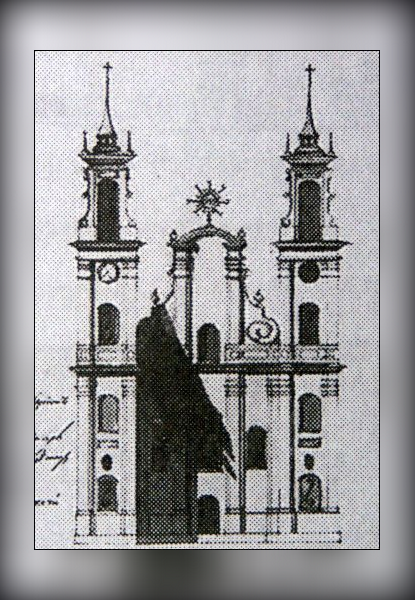 Rycina przedstawia front kościoła świętego Piotra i Pawła w Bobrujsku. Po obu stronach głównej nawy znajdują się wysokie wieże zwieńczone strzelistymi kopułami z krzyżami.