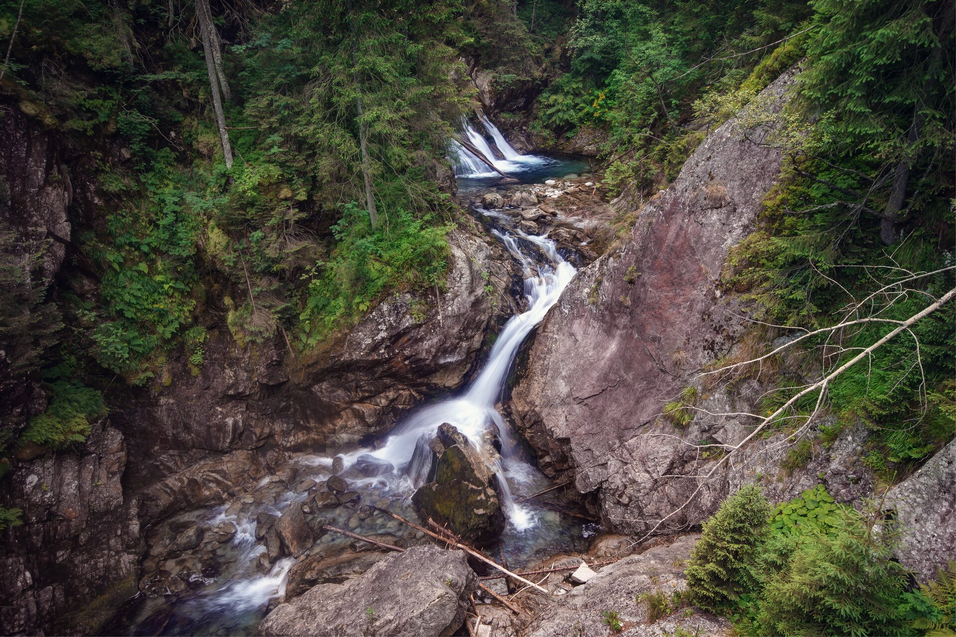 Fotografia przedstawia rwący strumień, w nurcie którego znajduje się kilka kaskad. U dołu duże głazy, o które rozbija się woda.