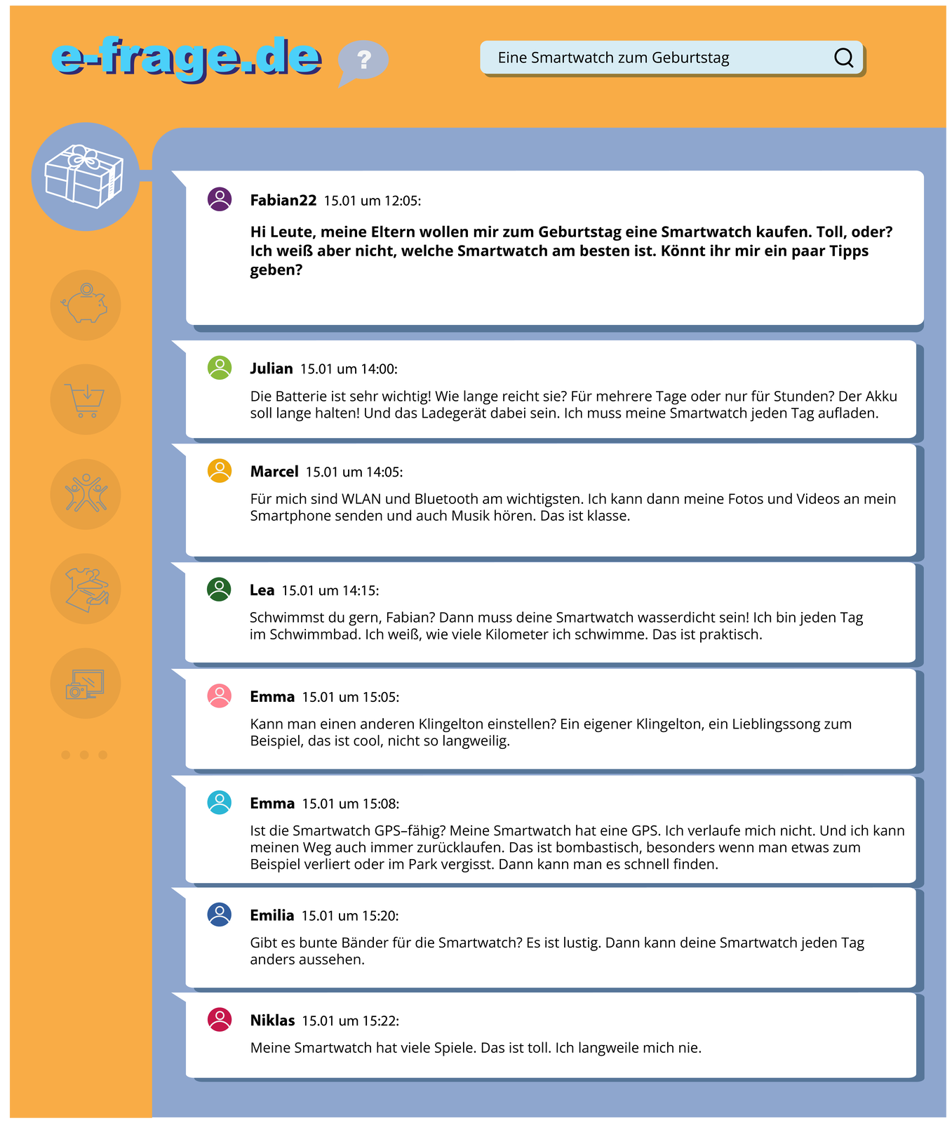 Ilustracja przedstawia grupowy czat z wiadomościami. Obok znajduje się ikona prezentu. Transkrypcja dostępna jest poniżej.