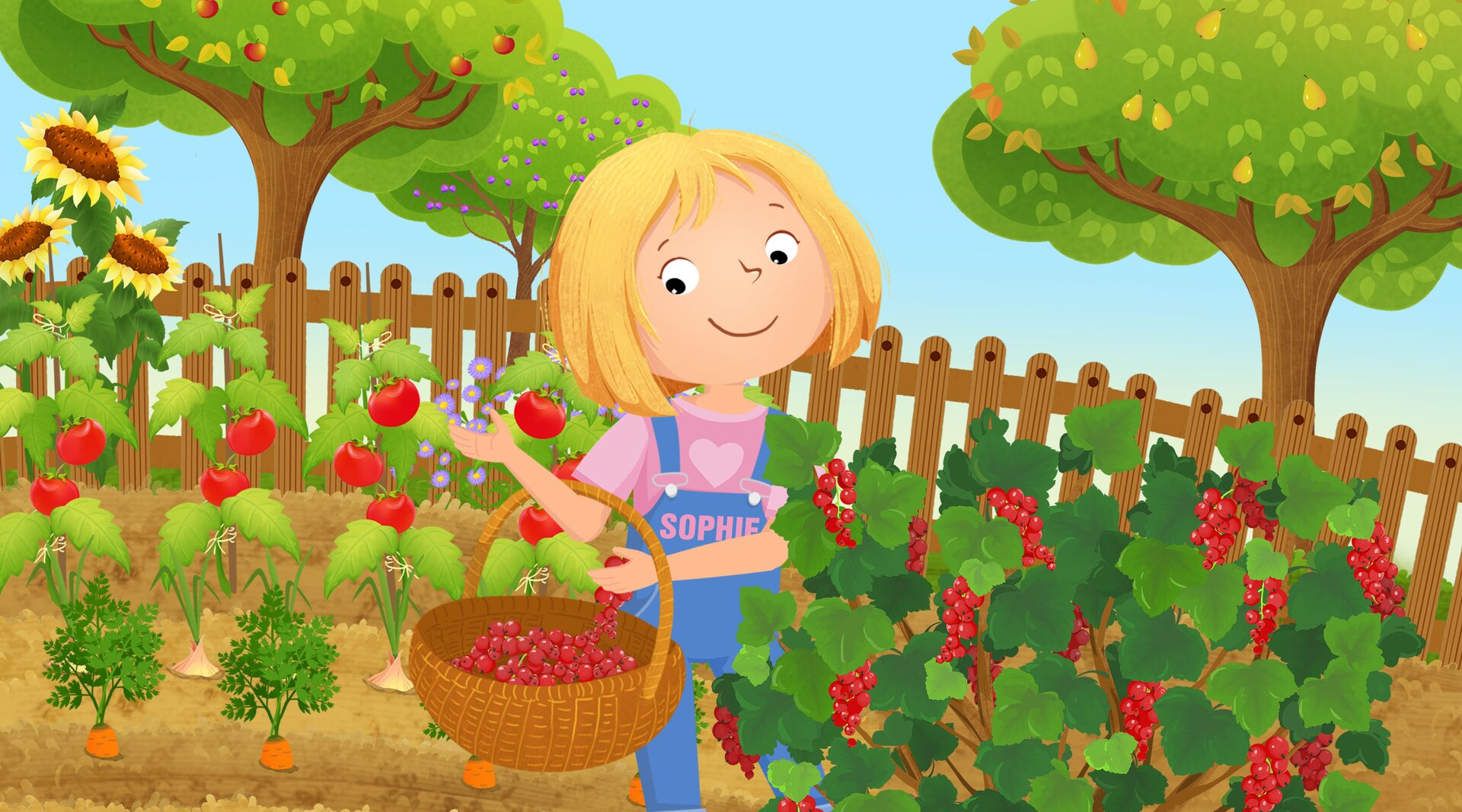 Na ilustracji znajduje się dziewczynka zbierająca owoce w ogrodzie 