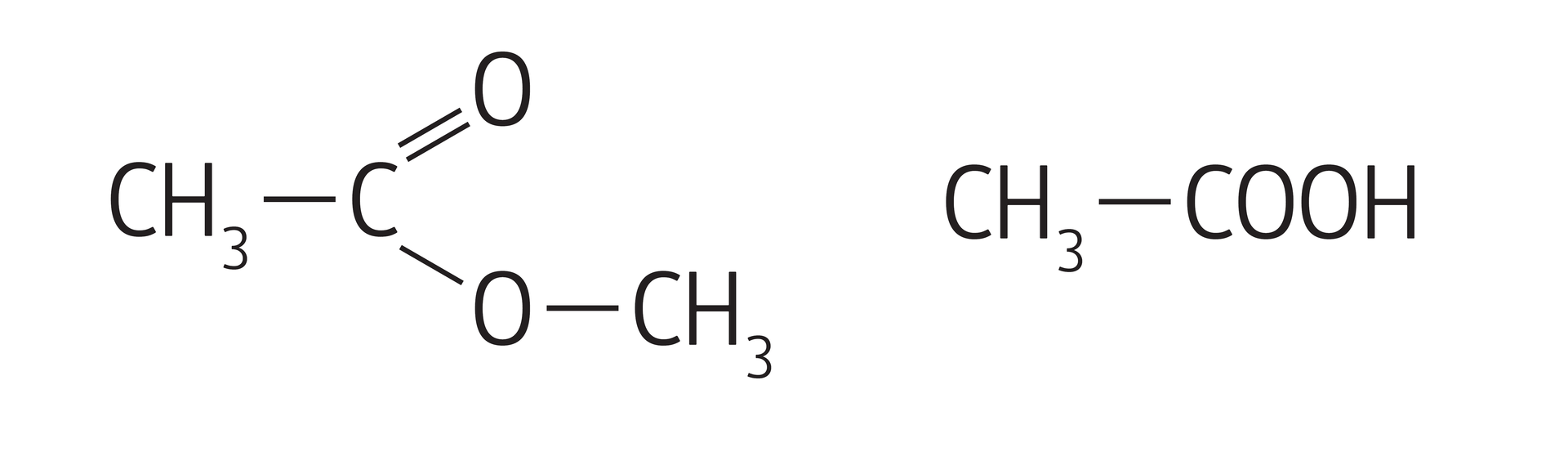 Na ilustracji są dwa wzory. Pierwszy wzór: grupa metylowa łączy się z atomem węgla. Ten z kolei łączy się po prawej stronie u góry wiązaniem podwójnym z atomem tlenu, a na dole z atomem tlenu, który łączy się z grupą metylową. Drugi wzór: grupa metylowa łączy się z grupa COOH. 