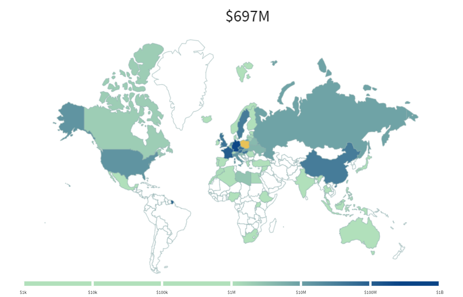 Mapa świata dotyczy eksportu polskiej miedzi w roku 1998. Nad mapą jest napis: $687M. Największa ilość: Niemcy od $100M do $1B. Od $10M do $100 M: Szwecja, Francja, Wielka Brytania, Czechy, Węgry, Austria, Chiny. Brak eksportu do Ameryki Południowej, do większości krajów Afryki.  