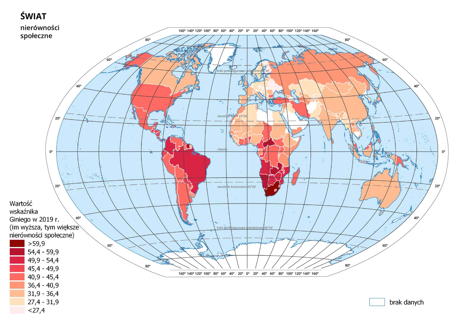 Ilustracja przedstawia mapę świata, na której przedstawiono nierówności społeczne. Wody zaznaczono kolorem niebieskim. 
Na mapie za pomocą dziewięciu odcieni kolorów od bladoróżowego, przez odcienie pomarańczowego do ciemnoczerwonego przedstawiono nierówności społeczne w poszczególnych państwach w dwa tysiące dziewiętnastym roku. Do zobrazowania zjawiska użyto wskaźnika Giniego – im wyższa jego wartość, tym większe nierówności.
Mapa pokryta jest równoleżnikami i południkami. Dookoła mapy w białej ramce opisano wartości długości i szerokości geograficznej co dwadzieścia stopni. Po lewej stronie mapy narysowano dziewięć kolorowych prostokątów i opisano wartości wskaźnika Giniego dla poszczególnych kolorów.
Kolorem białym oznaczono państwa i terytoria, dla których brak danych – Grenlandię, Antarktydę, Afganistan, Koreę Północną, Kambodżę, Nową Zelandię, Kubę, Arabię Saudyjską, Erytreę, Libię, Oman.
Najwyższe wartości wskaźnika Giniego, powyżej pięćdziesięciu dziewięciu i dziewięciu dziesiątych: Surinam, RPA, Republika Środkowoafrykańska, Zambia.
Wartości w przedziale od pięćdziesięciu czterech i czterech dziesiątych do pięćdziesięciu dziewięciu i dziewięciu dziesiątych: Brazylia, Kolumbia, Namibia, Eswatini.
Wartości w przedziale od czterdziestu dziewięciu i dziewięciu dziesiątych do pięćdziesięciu czterech i czterech dziesiątych: Mozambik, Zimbabwe, Botswana, Angola, Gwinea Bissau, Panama.
Wartości w przedziale od czterdziestu pięciu i czterech dziesiątych do czterdziestu dziewięciu i dziewięciu dziesiątych: Paragwaj, Ekwador, Gwatemala, Belize, Honduras, Nikaragua, Kostaryka, Kongo, Kamerun, Benin.
Wartości w przedziale od czterdziestu i dziewięciu dziesiątych do czterdziestu pięciu i czterech dziesiątych: Salwador, Wenezuela, Gujana, USA, Meksyk, Peru, Chile, Argentyna, Boliwia, Dominikana, Turcja, Bułgaria, Iran, Ghana, Wybrzeże Kości Słoniowej, Togo, Czad, Sudan Południowy, Demokratyczna Republika Konga, Uganda, Rwanda, Malawi, Madagaskar, Malezja, Papua‑Nowa Gwinea.
Wartości w przedziale od trzydziestu sześciu i czterech dziesiątych do czterdziestu i dziewięciu dziesiątych: Rosja, Czarnogóra, Turkmenistan, Maroko, Sahara Zachodnia, Jemen, Somalia, Kenia, Tanzania, Senegal, Gabon, Jordania, Bhutan, Sri Lanka, Laos, Filipiny.
Wartości w przedziale od trzydziestu jeden i dziewięciu dziesiątych do trzydziestu sześciu i czterech dziesiątych: Kanada, Gujana Francuska, Wielka Brytania, Francja, Szwajcaria, Hiszpania, Portugalia, Włochy, Bośnia i Hercegowina, Grecja, Macedonia Północna, Rumunia, Litwa, Łotwa, Gruzja, Uzbekistan, Tadżykistan, Indie, Nepal, Bangladesz, Japonia, Chiny, Mongolia, Wietnam, Tajlandia, Indonezja, Tunezja, Mauretania, Mali, Wybrzeże Kości Słoniowej, Liberia, Gwinea, Sierra Leone, Burkina Faso, Niger, Nigeria, Sudan, Etiopia.
Wartości w przedziale od dwudziestu siedmiu i czterech dziesiątych do trzydziestu jeden i dziewięciu dziesiątych: Algieria, Egipt, Holandia, Niemcy, Irlandia, Szwecja, Norwegia, Polska, Estonia, Austria, Węgry, Chorwacja, Serbia, Albania, Irak, Pakistan, Kazachstan, Kirgistan, Birma, Korea Południowa.
Wartości poniżej dwudziestu siedmiu i czterech dziesiątych: pozostałe kraje.