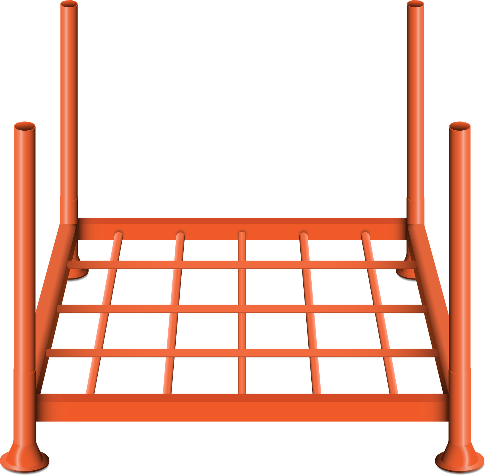 Ilustracja przedstawia paletę słupkową. Paleta jest koloru pomarańczowego. W podstawie znajduje się kratowany kwadrat z jego wierzchołków wychodzą pionowe słupki o kształcie rurki.