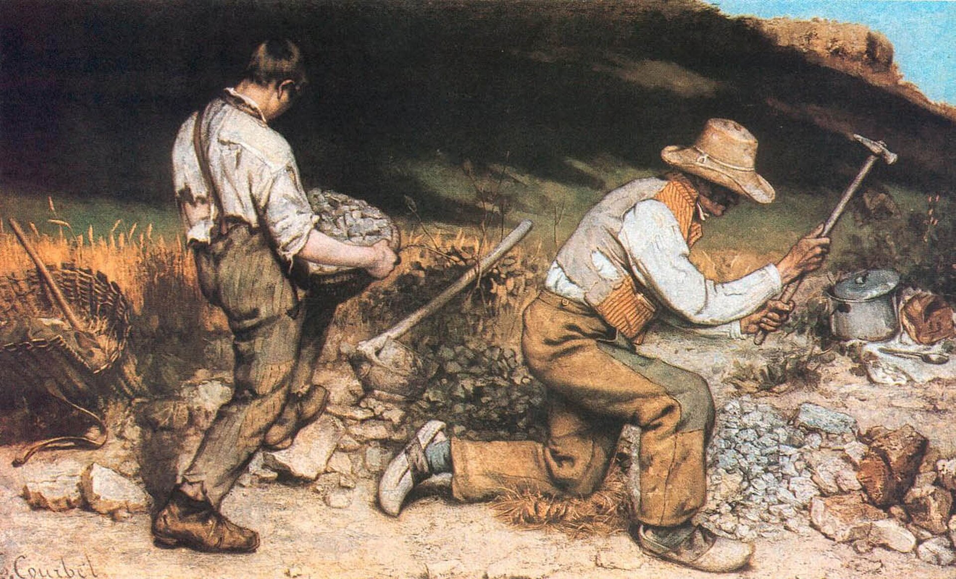 Ilustracja przedstawia obraz Gustava Courbeta „Kamieniarze”. Ukazuje postać dwóch mężczyzn, którzy pracują jako kamieniarze. Jedna z postaci uderza młotkiem w kamień leżący na ziemi. Drugi z mężczyzn trzyma, podpierając kolanem spory głaz. Pracownicy mają na sobie starą, zniszczoną odzież i zużyte buty.