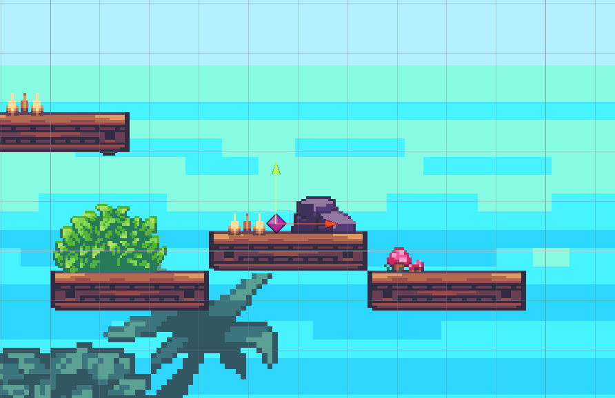 Ilustracja przedstawia panel programu  Unity Hub  z projektem gry platformowej. Widoczne jest niebieskie niebo, zielona roślinność na podłożu oraz cztery drewniane platformy umiejscowione na różnych wysokościach. Na pierwszej od lewej znajdują się trzy niewielkie, brązowe i żółte buteleczki, na drugiej zielony krzew, na umiejscowionej pośrodku trzy niewielkie, brązowe i żółte buteleczki, fioletowy równoległobok i kamień, a na czwartej dwa niewielkie muchomory. Od środka równoległoboku na środkowej platformie biegną dwie strzałki – pierwsza z nich w kolorze czerwonym jest równoległa do platformy i jest skierowana w prawo, druga, w kolorze żółtym jest prostopadła do platformy i jest skierowana w górę. 