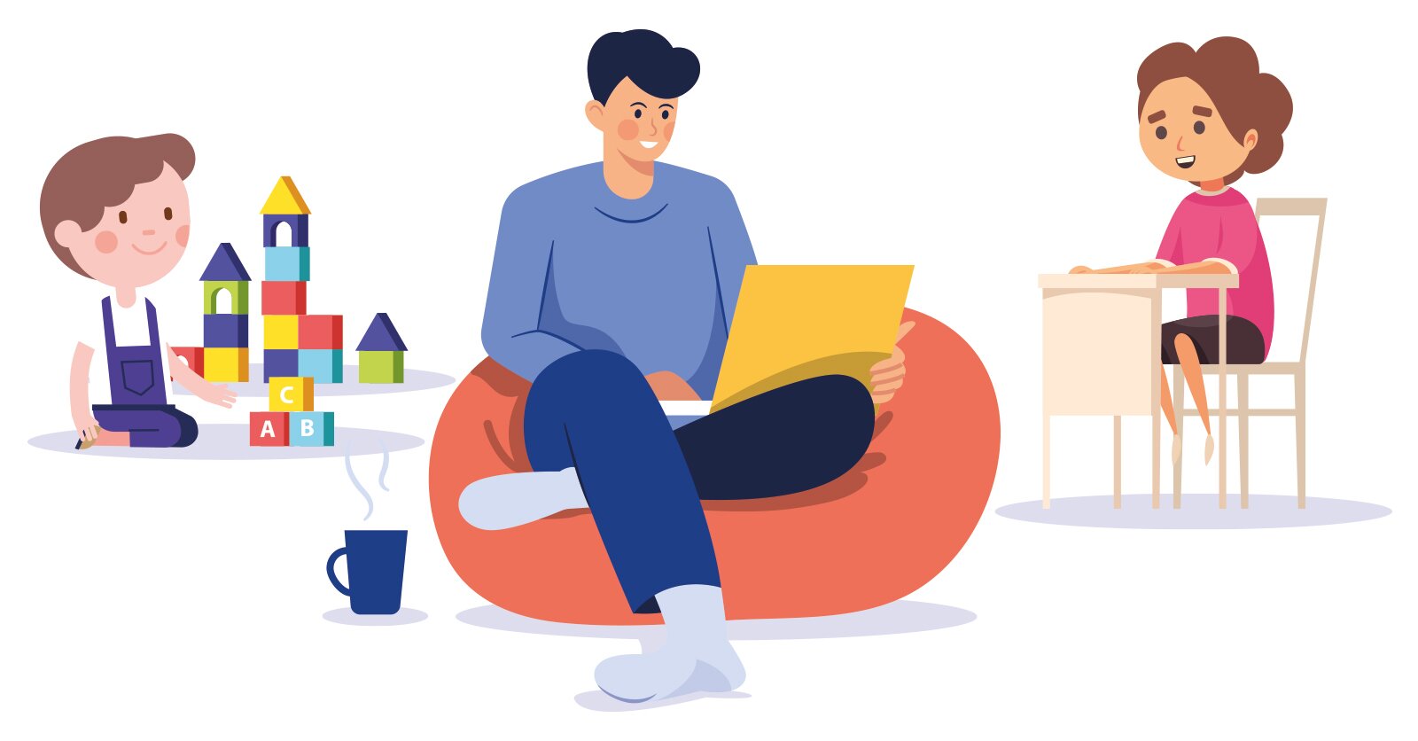 Ilustracja przedstawia mężczyznę siedzącego na wygodnym fotelu wpatrzonego w laptop. Obok widoczne są dzieci. Chłopiec układa wieżę z klocków a dziewczynka siedzi przy biurku. Transkrypcja nagrań znajduje się poniżej.