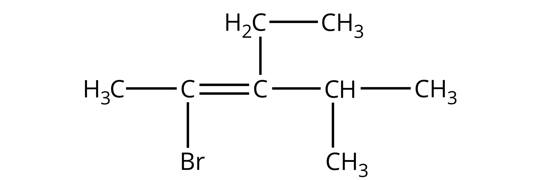 Ilustracja przedstawiająca wzór półstrukturalny cząsteczki 2‑bromo‑3-etylo‑4-metylopent‑2-enu. Związek ten zbudowany jest z dwóch atomów węgla połączonych za pomocą wiązania podwójnego. Pierwszy atom węgla podstawiony jest atomem bromu Br oraz grupą metylową CH3. Drugi atom węgla znajdujący się przy wiązaniu podwójnym łączy się z grupą etylową CH2CH3 oraz grupą CH, która to podstawiona jest dwiema grupami metylowymi CH3.