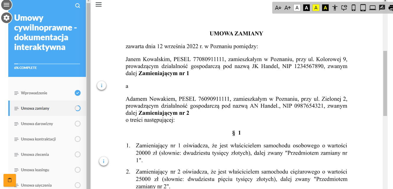 Widok na przykładowe okno dokumentacji interaktywnej, na ekranie głównym widoczny jest wzór umowy zamiany, po lewej stronie menu z typami umów do wyboru oraz na samej górze tytuł multimedium: ,,Umowy cywilnoprawne - dokumentacja interaktywna''. Tytuł znajduje się na niebieskim, kwadratowym tle, pod nim widoczny jest pasek postępu wykonania dokumentacji.