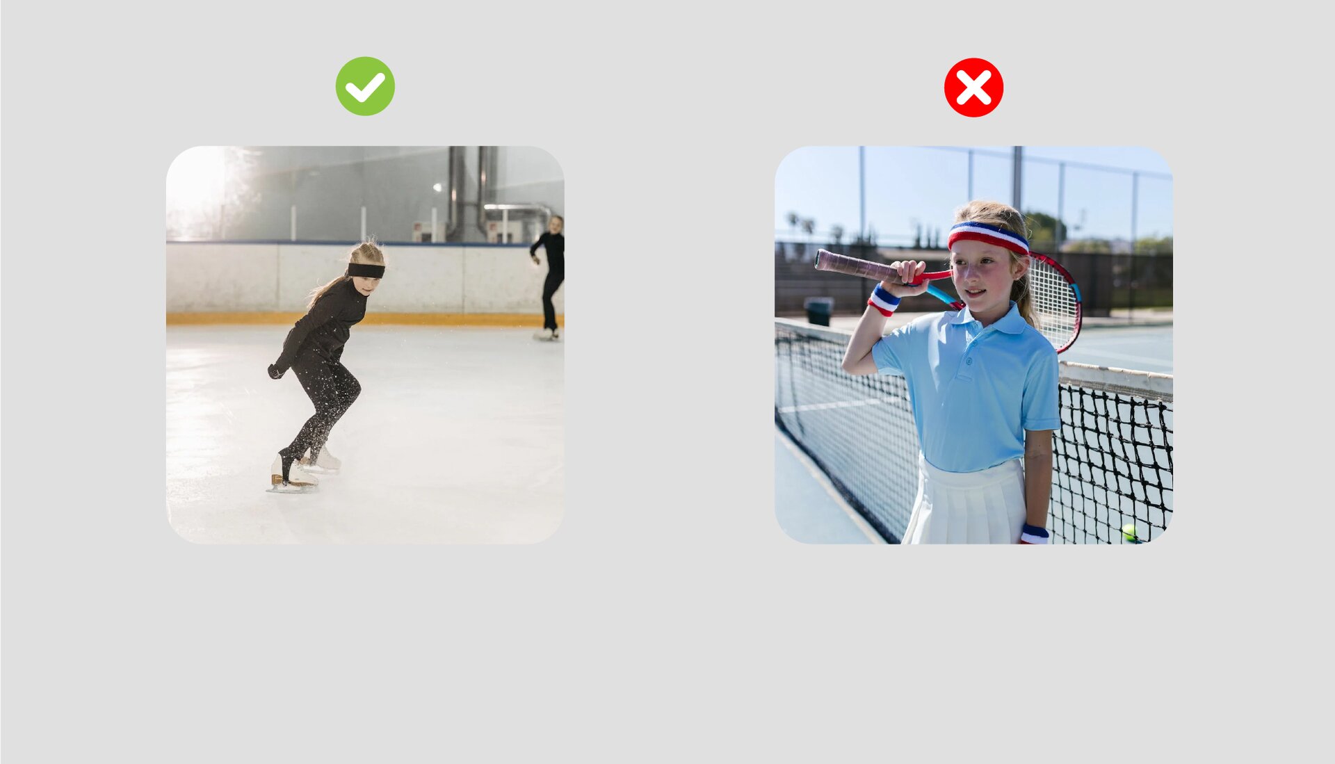 Ilustracja przestawiająca dwa zdjęcia. Zdjęcie z lewej strony przedstawia młodą dziewczynkę jeżdzącą na lodowisku. Zdjęcie z prawej pokazuje dziewczynkę grającą w tenisa. 