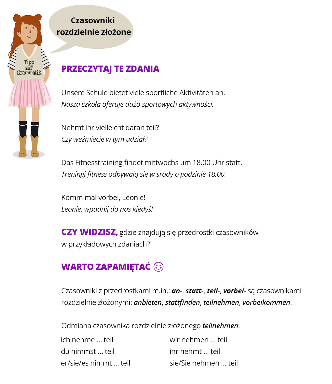 Ilustracja zawiera poradę językową.
Grafika przedstawia dziewczynę ubraną w bluzkę z napisem Tipp zur Grammatik, plisowaną spódniczkę i w kowbojki. Dziewczyna opiera ręce na biodrach i mówi: Czasowniki rozdzielnie złożone.
Pozostałą część grafiki stanowi tekst, którego treść wyświetla się w trybie dostępności.