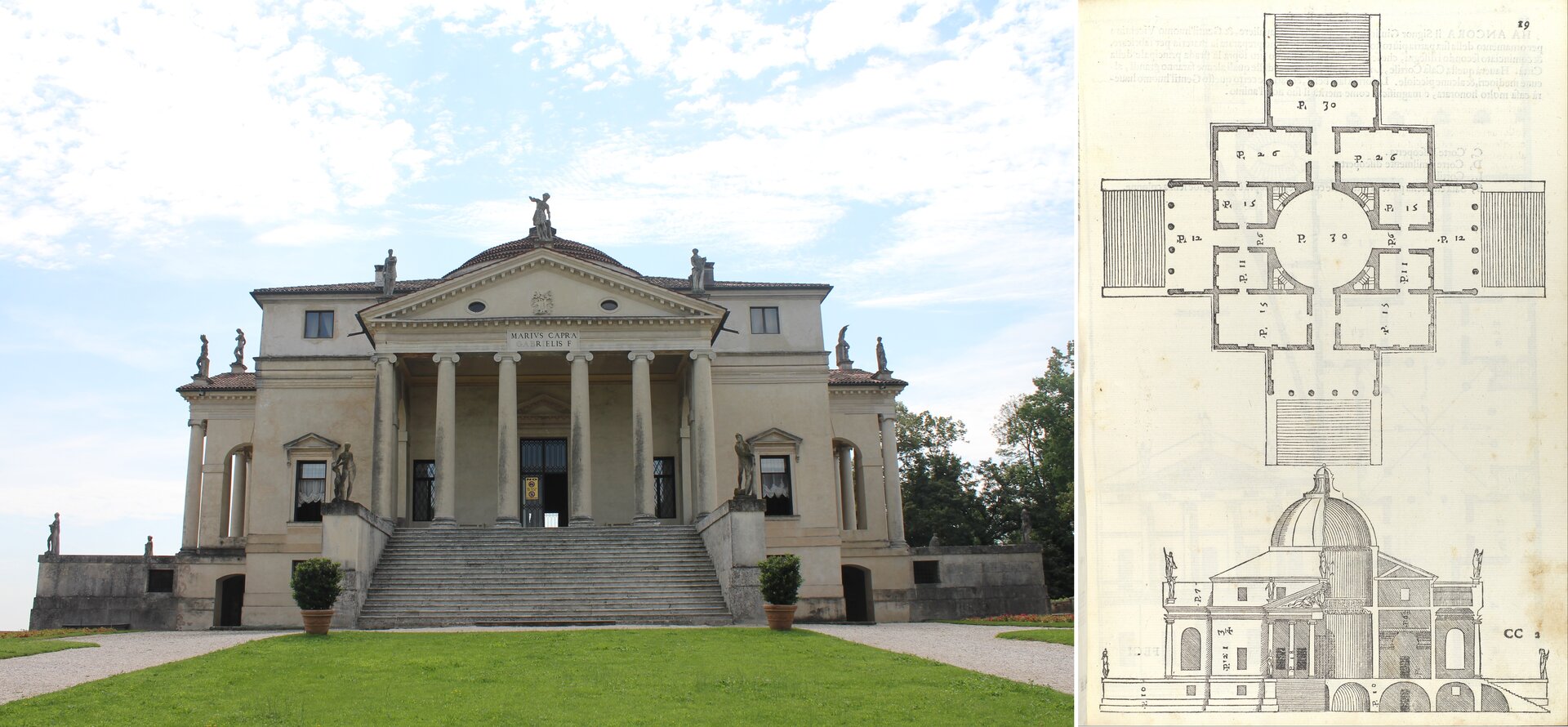 Fotografia przedstawia budynek, do którego prowadzą schody. Przed głównym wejściem znajdują się kolumny. Na fryzie budynku znajduje się napis, który brzmi: MARIUS CAPRA GABRIELIS F. Powyżej znajduje się kopuła. Na lewym oraz prawym skrzydle budynku, jak i na kopule znajdują się posągi. Przed budynkiem rosną dwa krzewy oraz zielona trawa. Po prawej stronie ukazano schemat i rzut budynku. Na środku rzutu przedstawiono okrąg, który w rzeczywistości jest kopułą, ciemne linie są ścianami budynku, a kropki to kolumny w willi. Rycina jest wykonana szarym kolorem na jasnym tle.