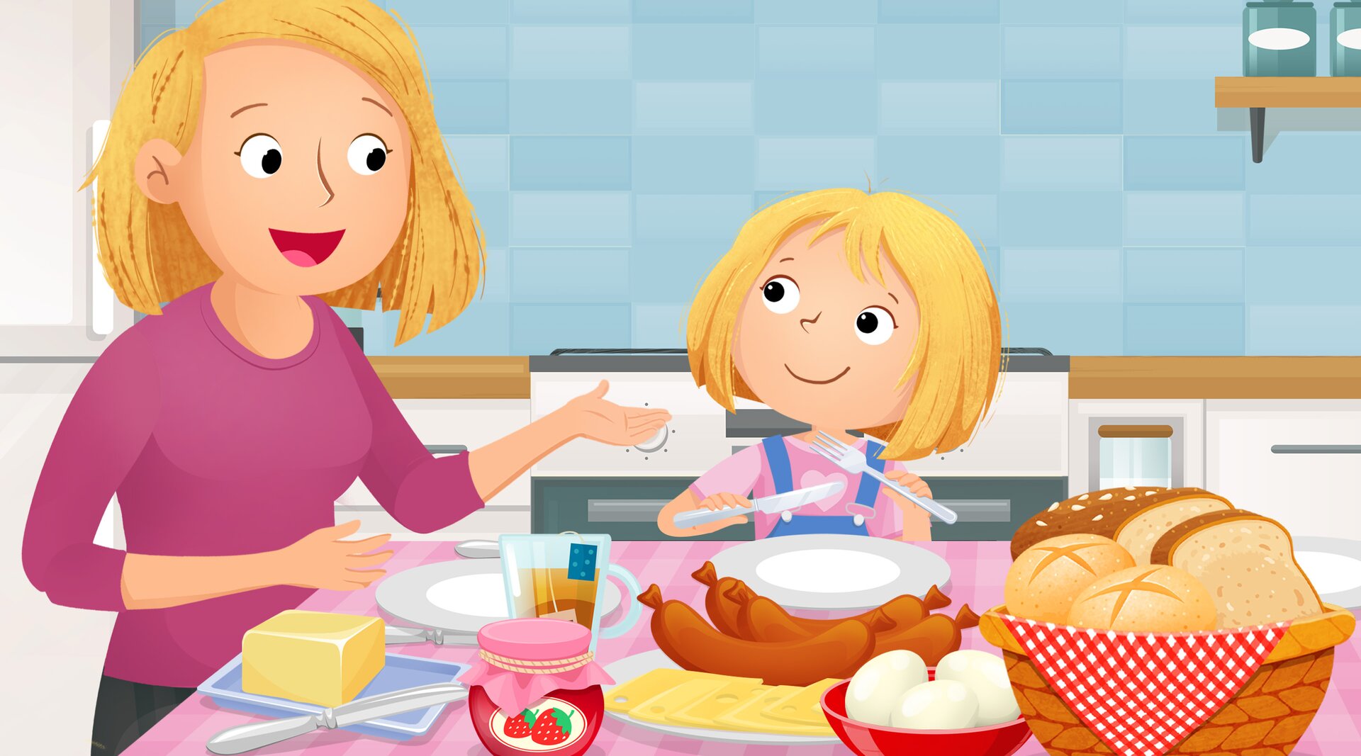 Na ilustracji ukazano mamę z córką, siedzące przy stole, na którym znajdują się różne produkty: wędliny, jajka, dżem, pieczywo.