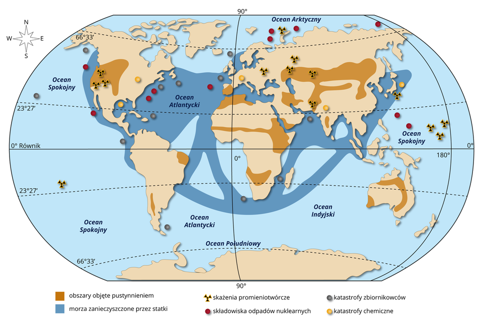 Na mapie świata wyróżniono obszary objęte pustynnieniem, morza zanieczyszczone przez statki, skażenia promieniotwórcze, składowiska odpadów nuklearnych, katastrofy zbiornikowców, katastrofy chemiczne. Obszary objęte pustynnieniem: zachodnia i środkowa część Ameryki Północnej, południowa część Ameryki Południowej, wschodnia część Ameryki Południowej,  środkowa, północna część Afryki oraz nieco powyżej południa, znaczna część Hiszpanii, centralna część Azji, pas przechodzący przez północną oraz wschodnią część Australii oraz południowo‑zachodnia część Australii. Morze zanieczyszczone przez statki: znaczna część obszaru Oceanu Atlantyckiego pomiędzy kontynentami, pas wybrzeża Oceanu Spokojnego Ameryki Północnej oraz Ameryki Południowej do połowy kontynentu, północna i południowa część Oceanu Indyjskiego, pas Pacyfiku wzdłuż wschodniego i południowego wybrzeża Azji. Skażenia promieniotwórcze zaznaczono na Oceanie Arktycznym, na Oceanie Spokojnym na wschód od Półwyspu Indochińskiego, na południu Japonii, w centralnej części Azji, na zachód od Indii, na Ukrainie, w zachodniej części Stanów Zjednoczonych. Składowiska odpadów nuklearnych: zachodnie wybrzeże Ameryki Północnej, wschodnie wybrzeże Ameryki Północnej, na wschód od Hiszpanii, na północy Rosji, na wschód od Filipin. Katastrofy zbiornikowców: w pobliżu Alaski, na Oceanie Spokojnym na zachód od USA, w pobliżu północnej części Ameryki Południowej, w pobliżu wschodniego wybrzeża Kanady, na południu Afryki, na zachód od Indii, na północ od Wielkiej Brytanii, na zachód od Francji. Katastrofy chemiczne: Zatoka Meksykańska, na wschodzie USA, na północ od Włoch, w Indiach. 