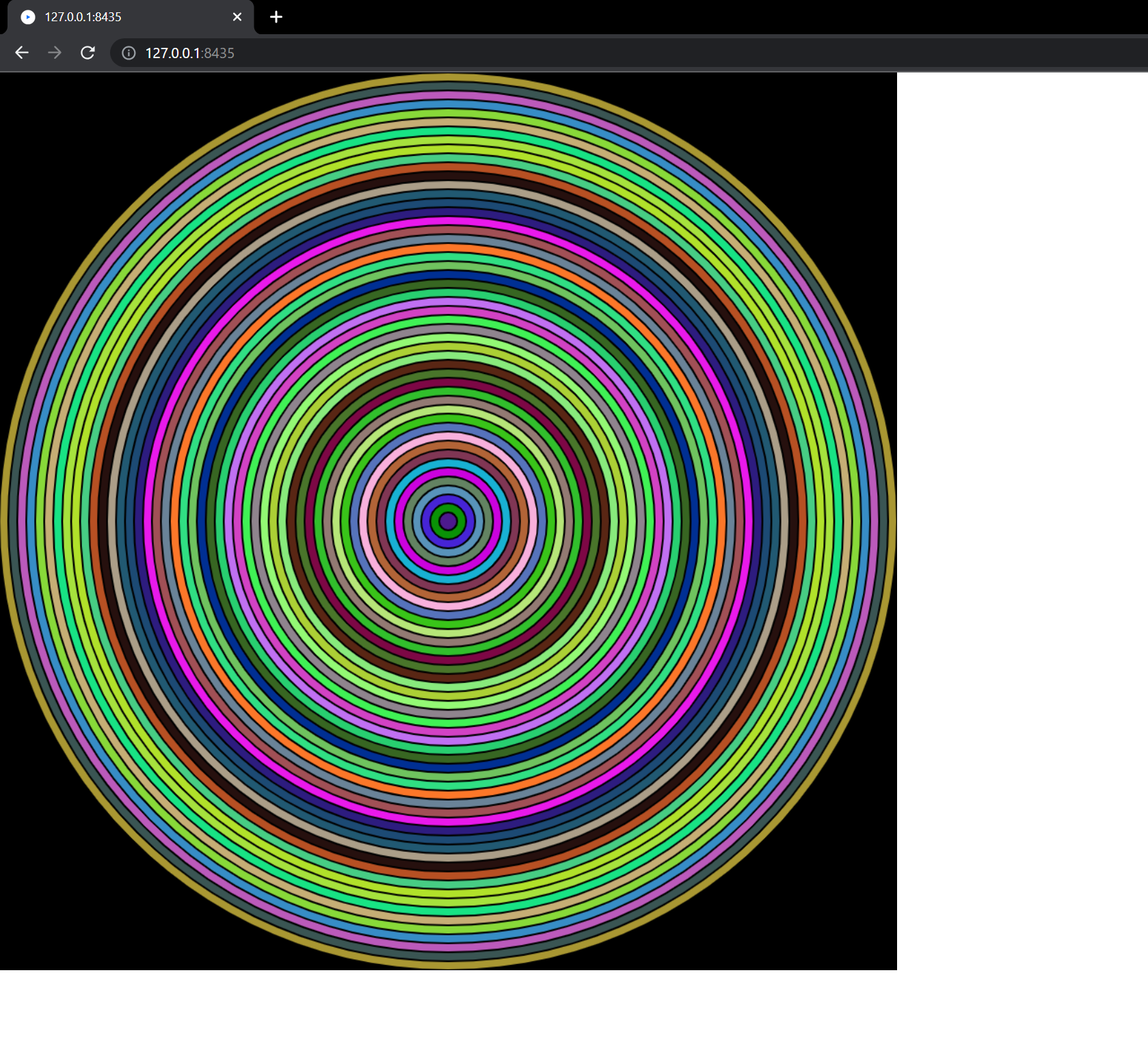 Ilustracja przedstawia zrzut ekranu obrazka w przeglądarce. Obrazek składa się z kolorowych kół na czarnym tle. Najszersze koło ma promień równy szerokości ilustracji, każde kolejne jest innego koloru niż poprzednie oraz ma zmniejszony promień o pewną stałą wartość.