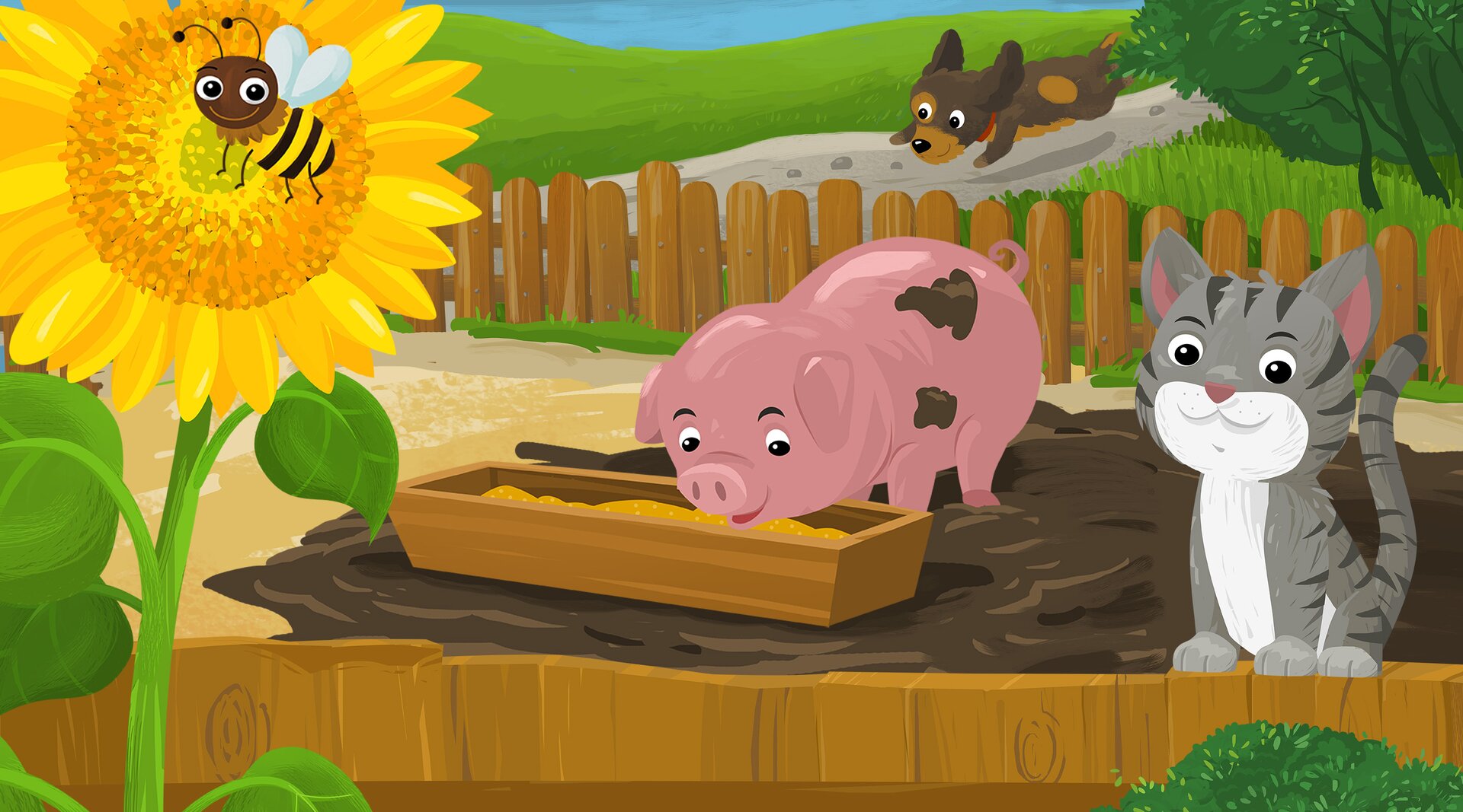 Ilustracja ukazuje zagrodę dla zwierząt. Przy korycie stoi świnia. Na płocie siedzi szaro‑biały kotek. Za płotem biegnie brązowy piesek. Na pierwszym planie widoczny jest kwiat słonecznika, na którym siedzi pszczoła.