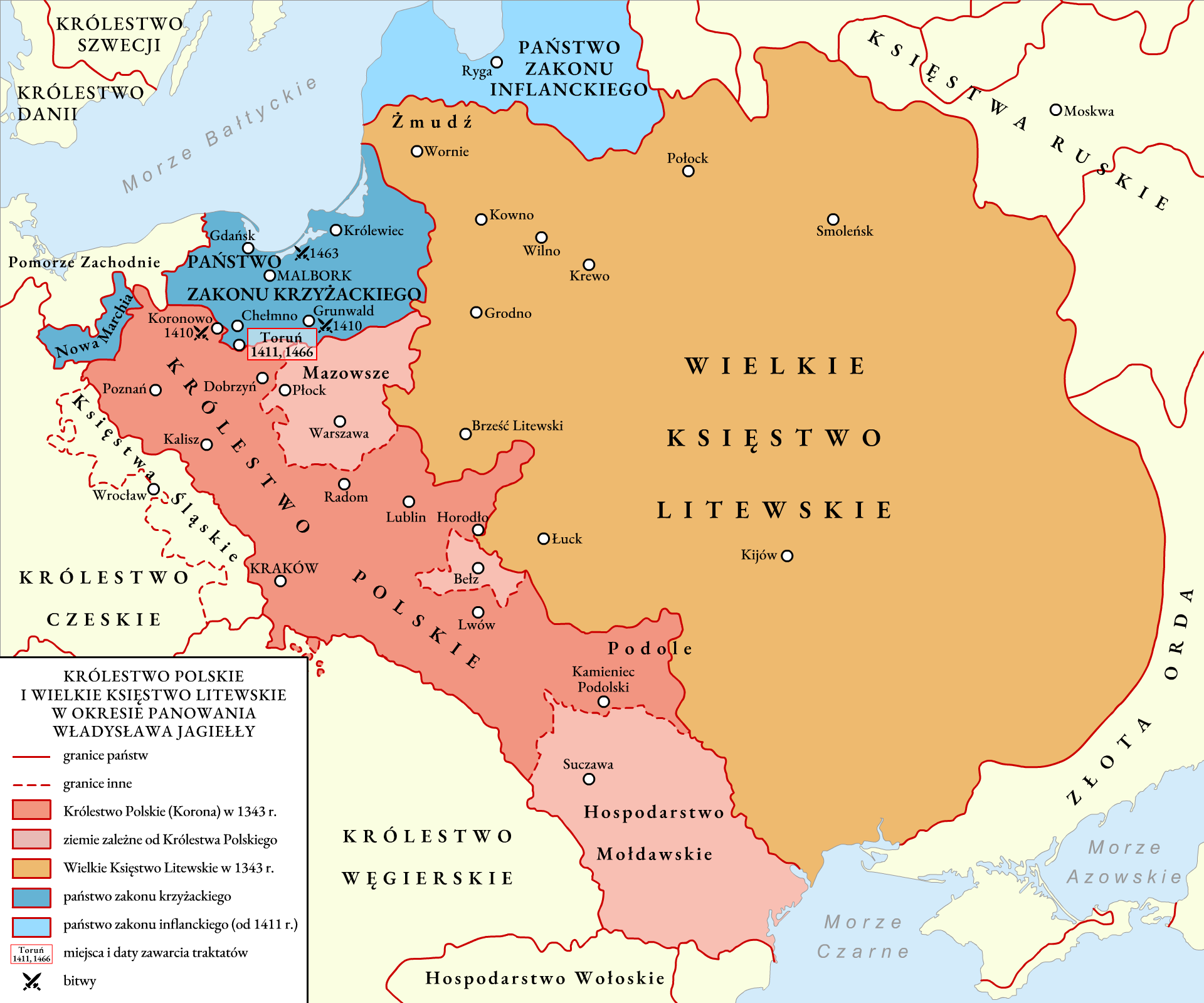 Mapa Królestwa Polskiego i Wielkiego Księstwa Litewskiego.