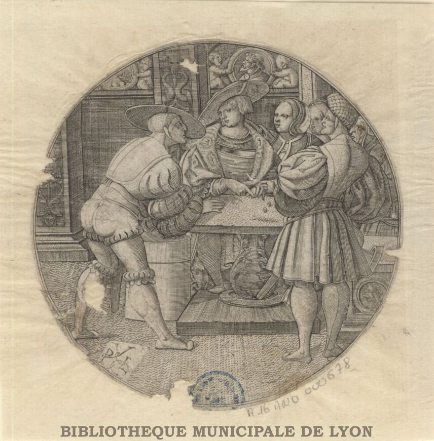 Obraz przedstawia dworzan grających przy niewielkim stole w kości.