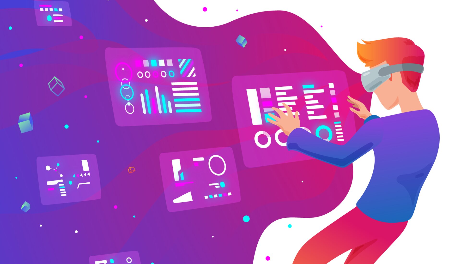 Ilustracja przedstawia kilka monitorów a przed nimi postać w okularach do oglądania wirtualnej rzeczywistości. 