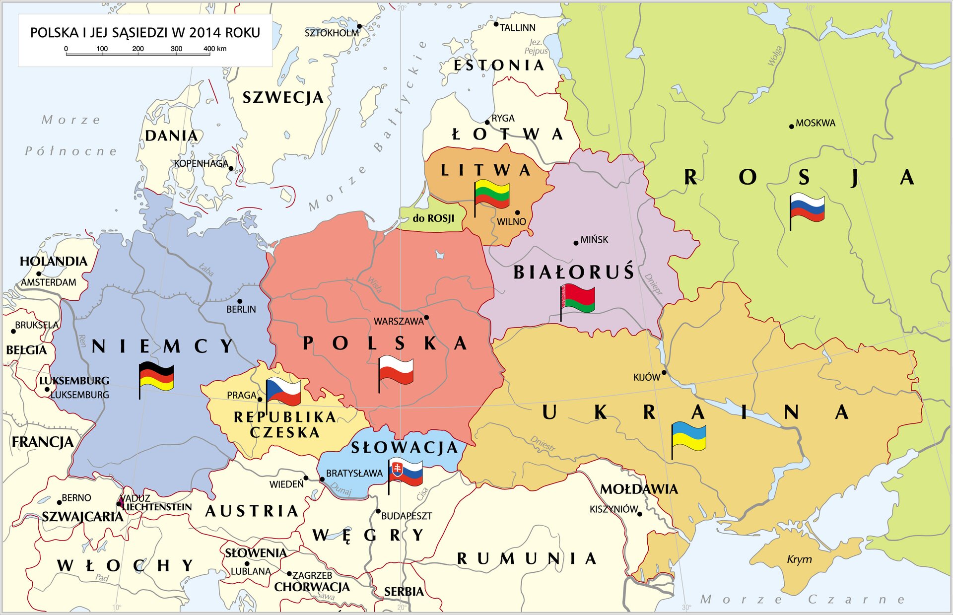 Mapa przedstawia Polskę i państwa z nią sąsiadujące w 2014 roku: Niemcy, Republika Czeska, Słowacja, Ukraina, Białoruś, Litwa, Rosja.