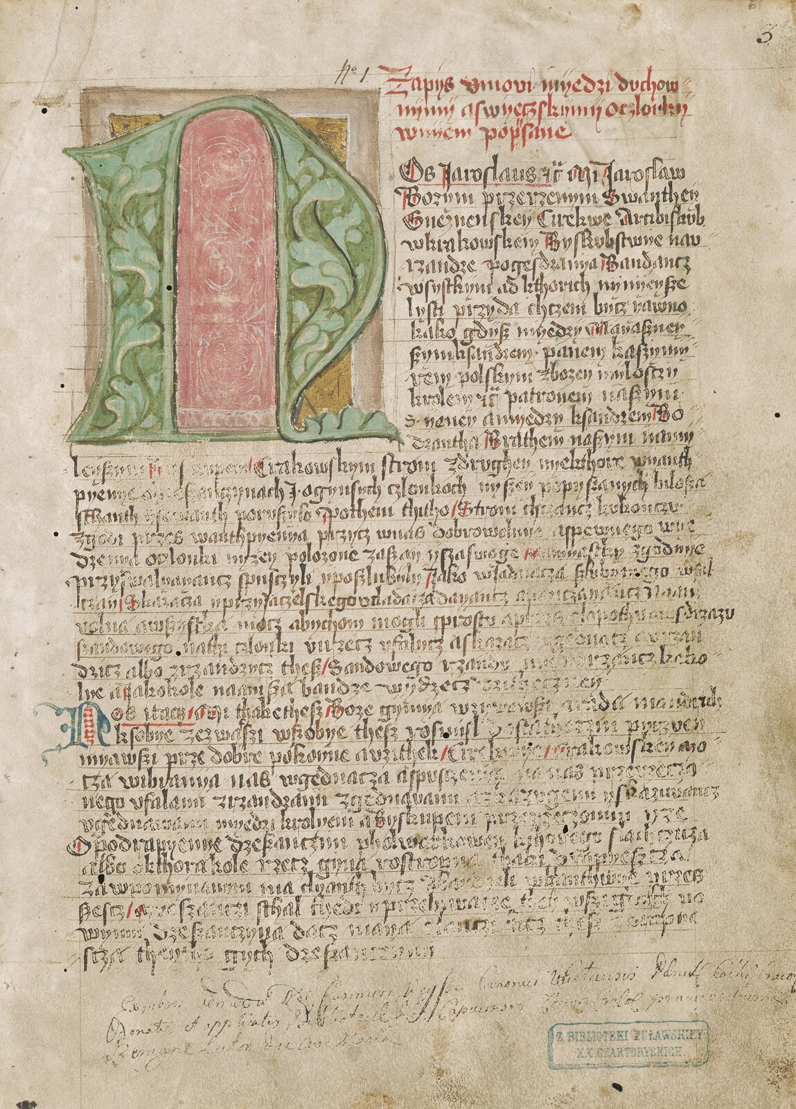 Zdjęcie przedstawia stronę starego rękopisu w języku łacińskim. Tekst zdobi duża, inicjalna litera N. 